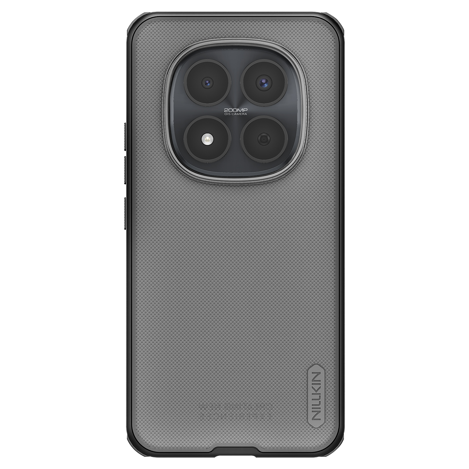 Grijze telefoonhoes met getextureerde achterkant en cameramodule.