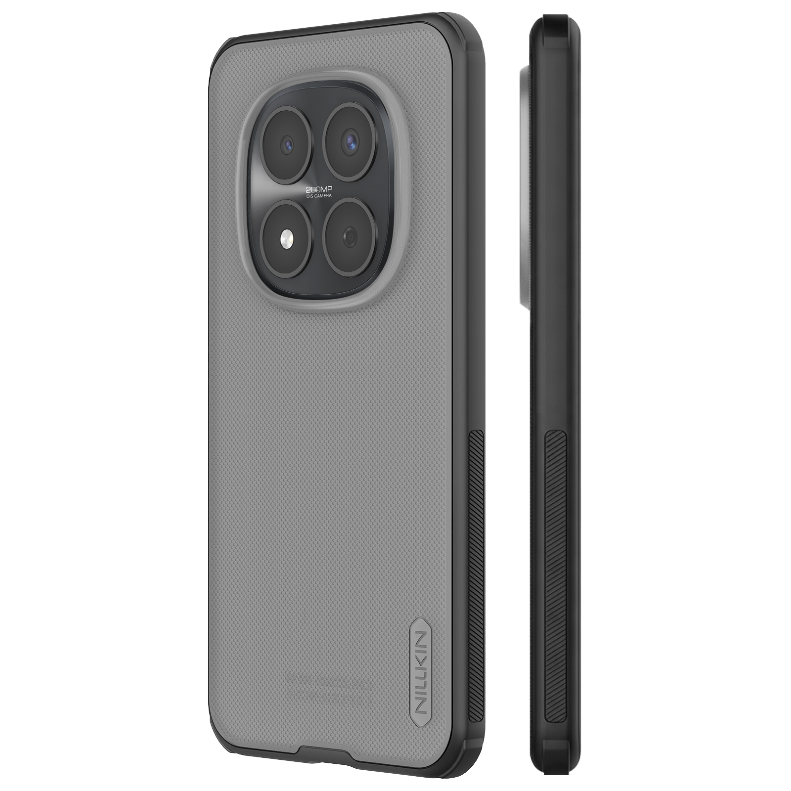 Grijze telefoonhoes met vier camera's en zwarte rand.