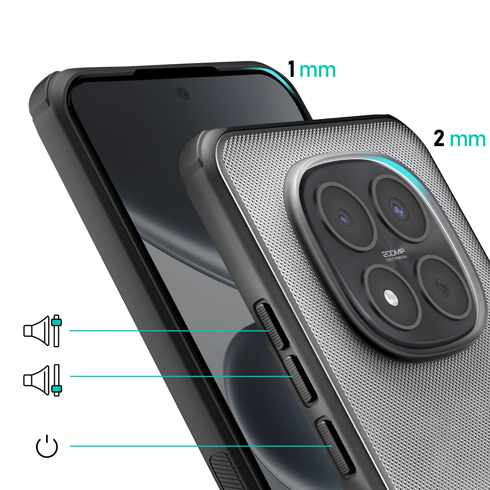 Zwarte telefoon met cameraprotectie. 1mm en 2mm afmetingen.