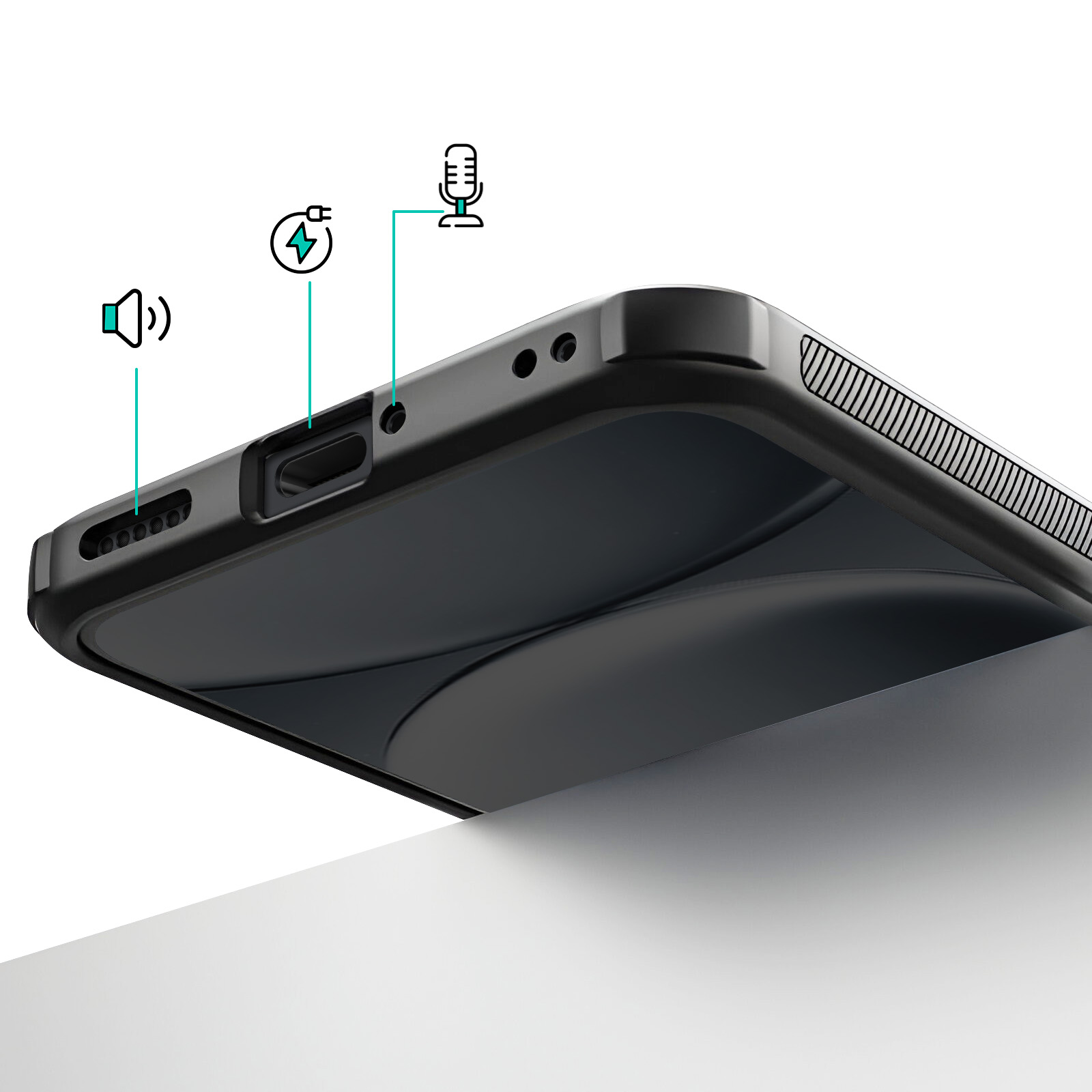 Close-up van een zwarte telefoonhoes met pictogrammen voor luidspreker, oplader en microfoon.