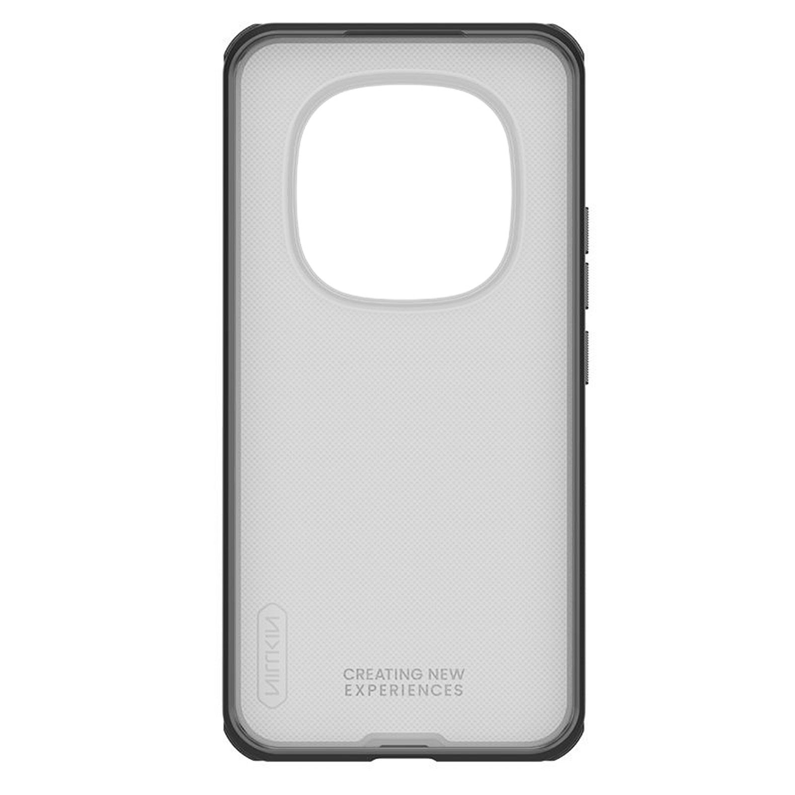 Grijze telefoonhoes met camerauitsparing en logo.
