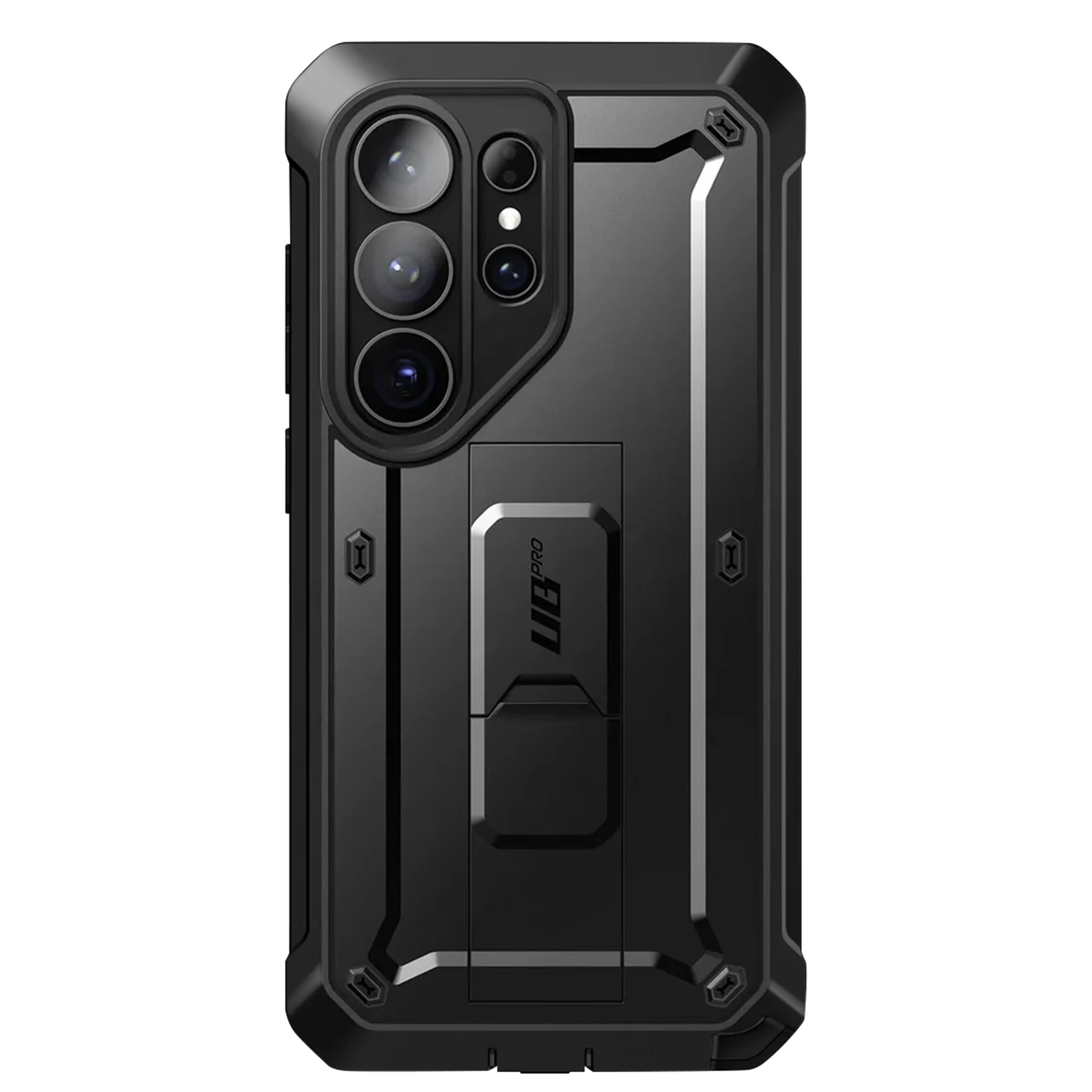 Custodia protettiva nera per smartphone con cavalletto integrato e lenti.