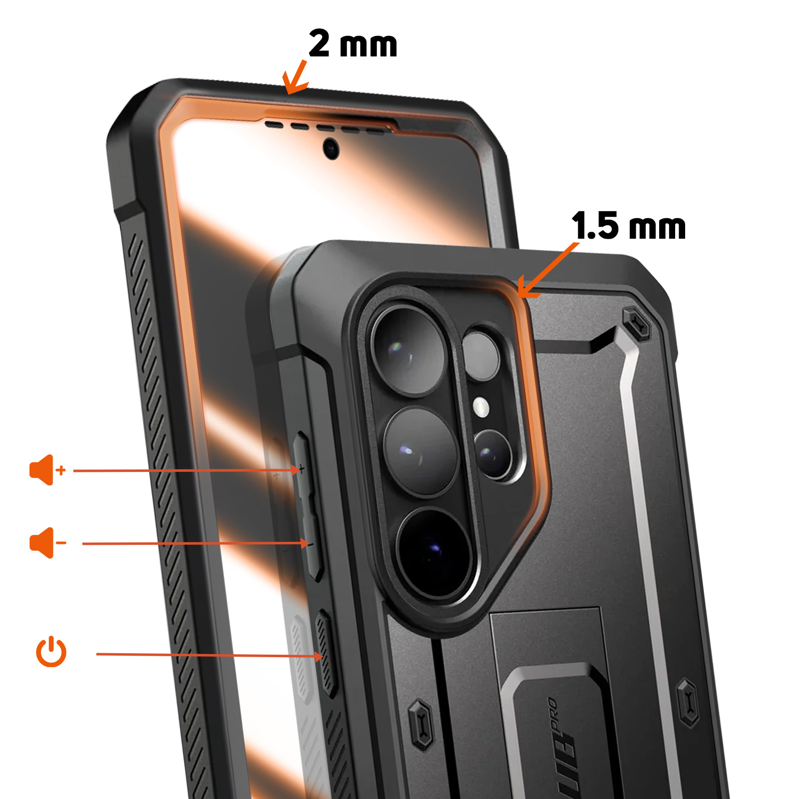 Custodia nera per telefono con bordo arancione, protezione 2mm e 1.5mm.