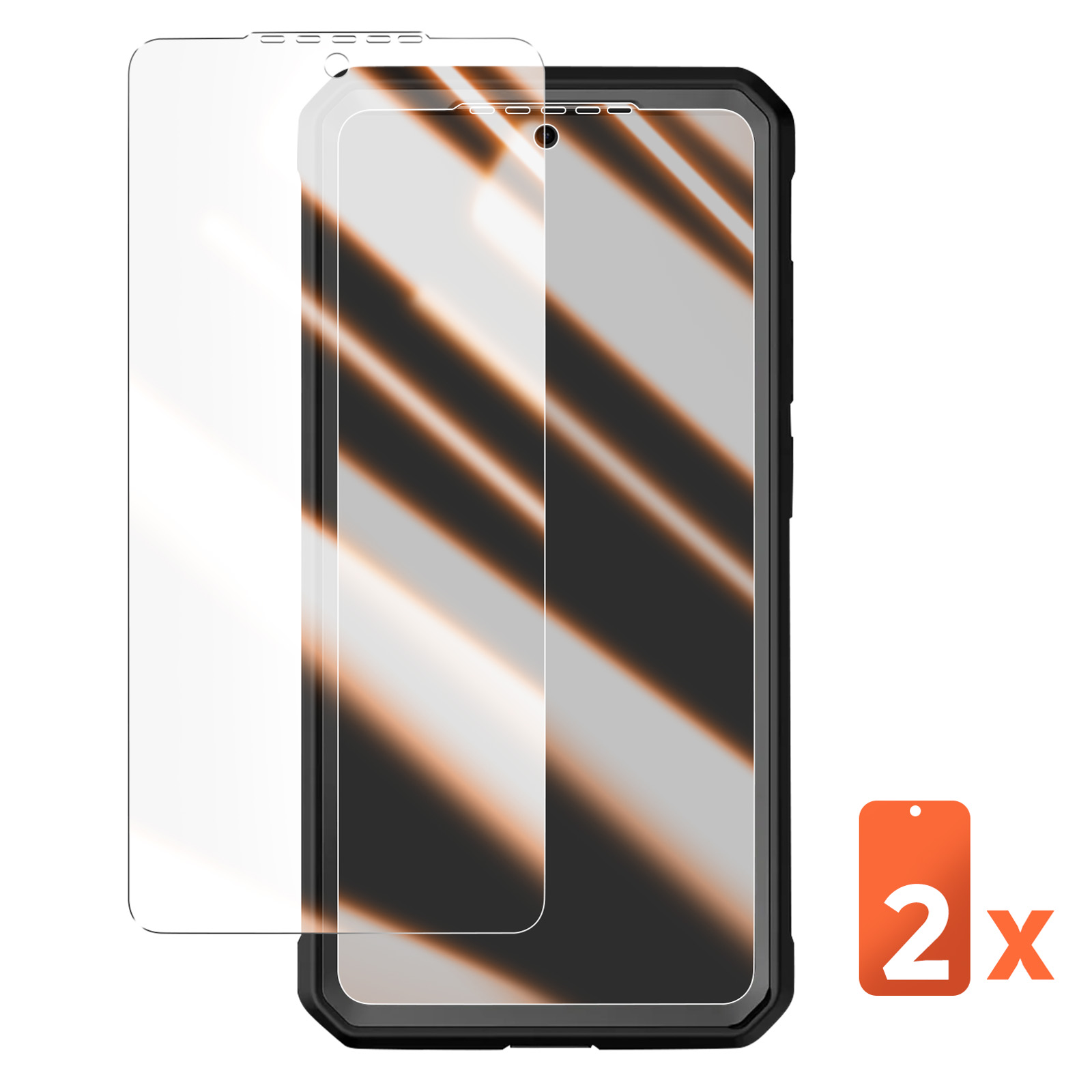 Una protezione per schermo accanto a uno smartphone. Indicatore di due pezzi.