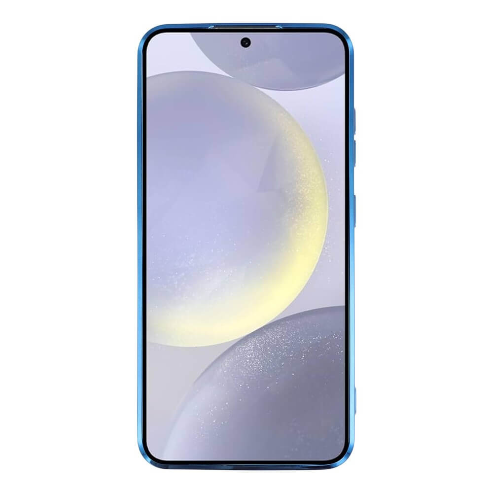 Ein blaues Smartphone mit einem abstrakten Hintergrund auf dem Bildschirm.