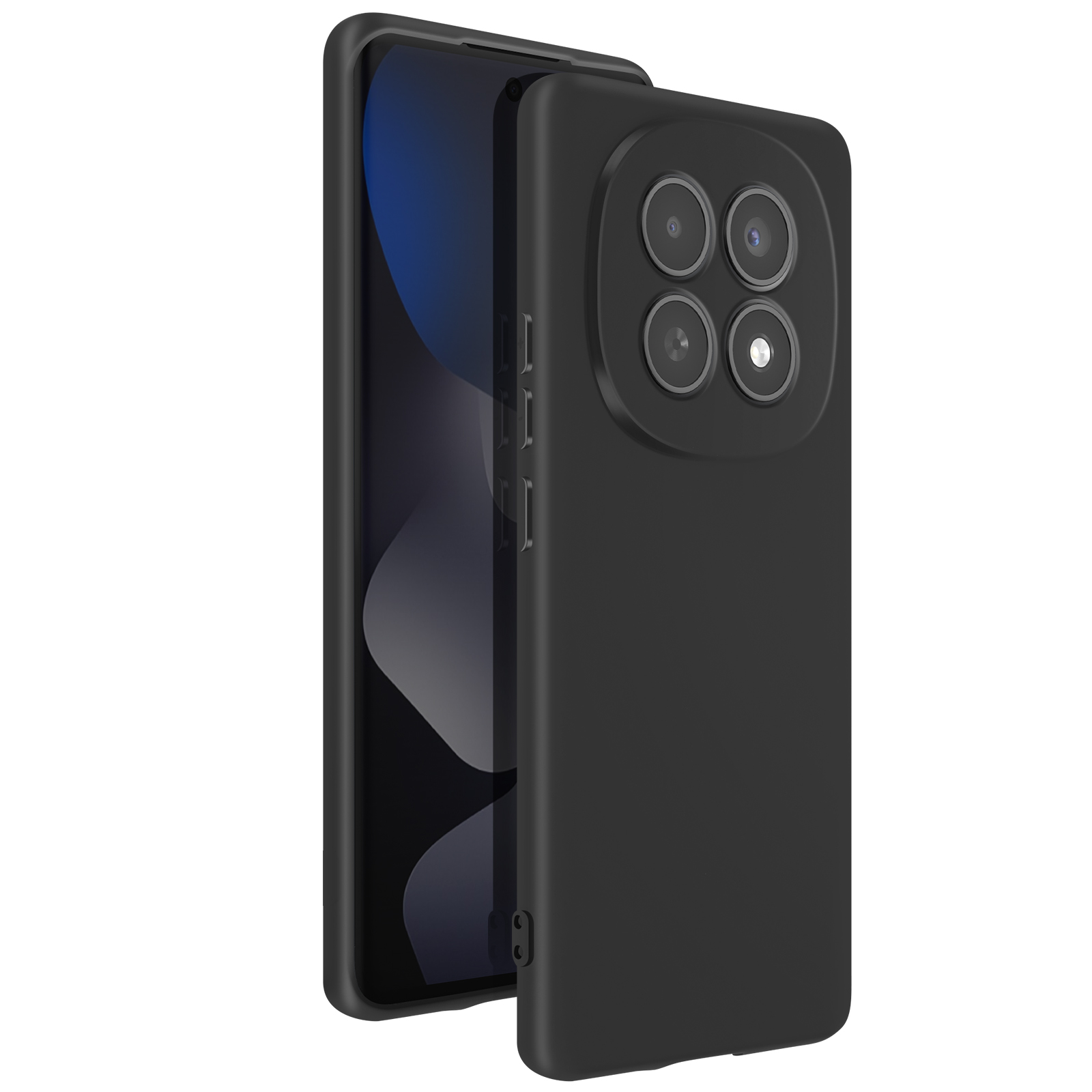 Uno smartphone nero con quattro fotocamere disposte a cerchio sul retro.