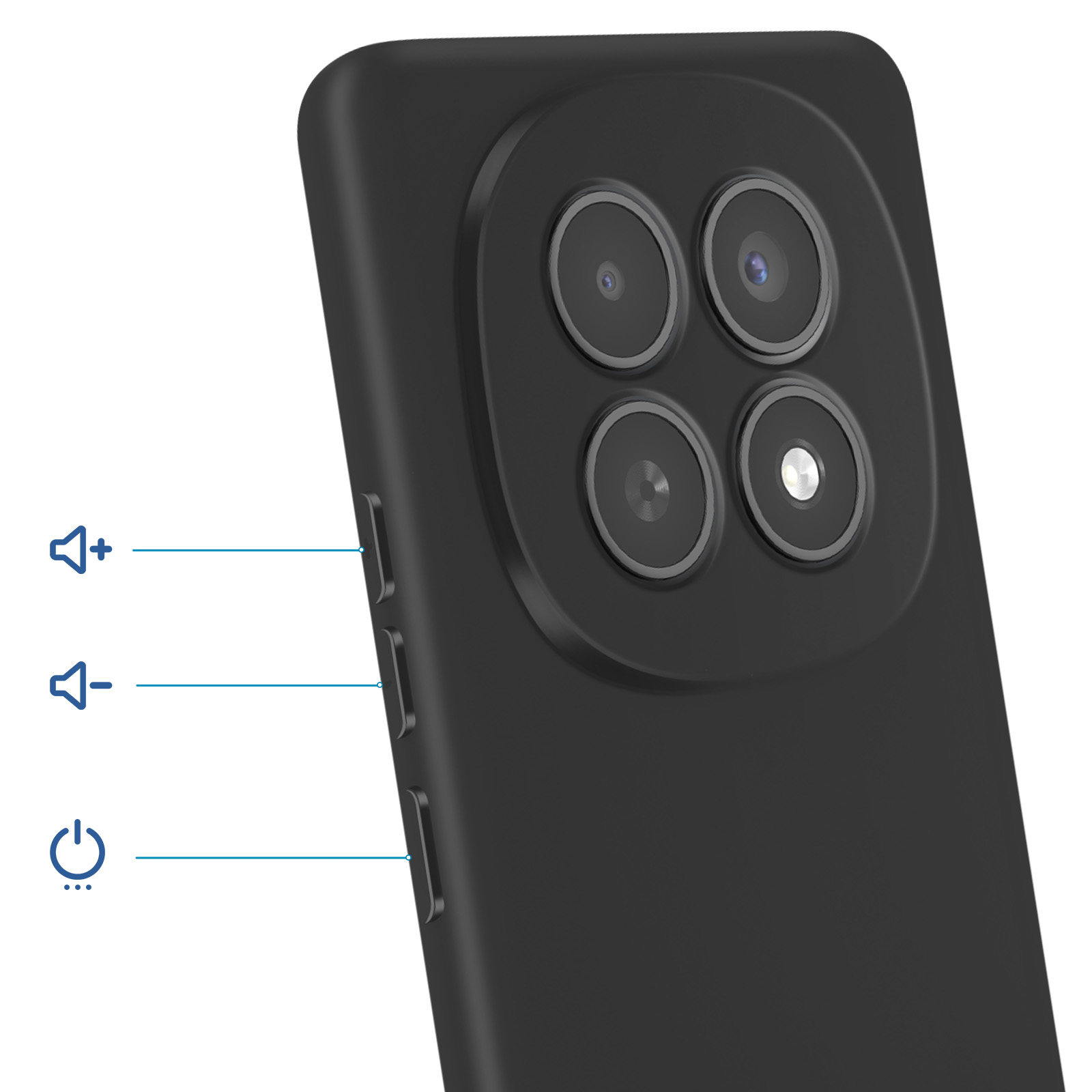 Retro smartphone nero con quattro fotocamere e pulsanti volume/accensione.