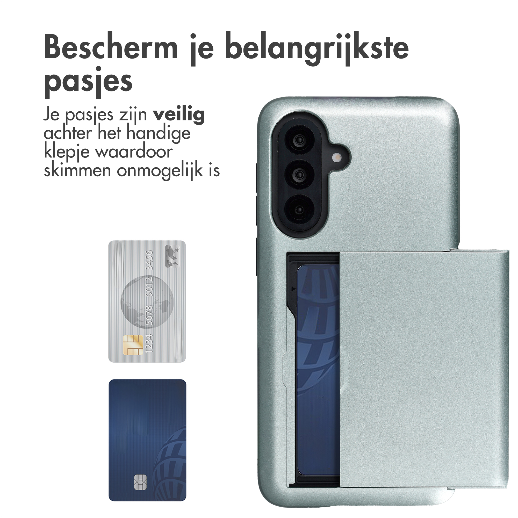 Een lichtgrijze telefoon met kaarthouder en twee creditcards ernaast.