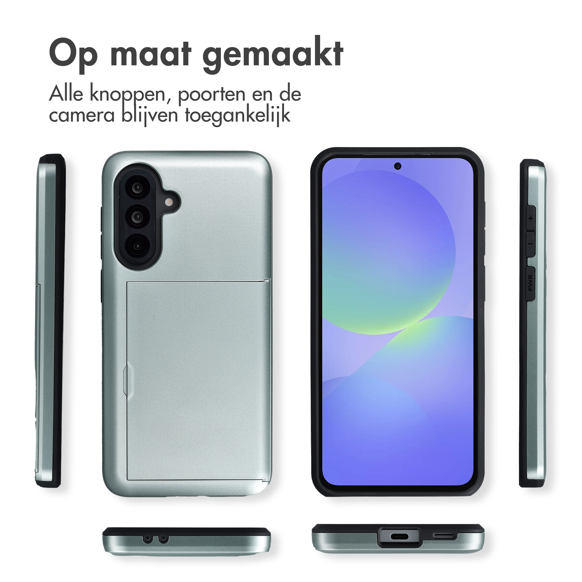 Een lichtgroene telefoonhoes, van meerdere kanten getoond.
