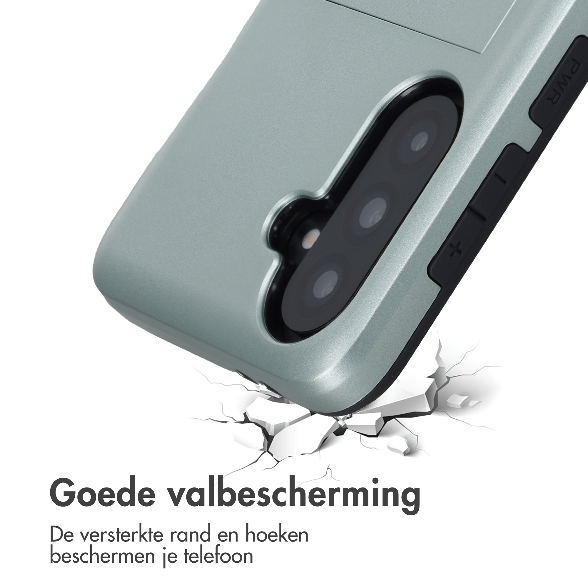 Grijze telefoonhoes met camera's en knoppen, op gebarsten grond.