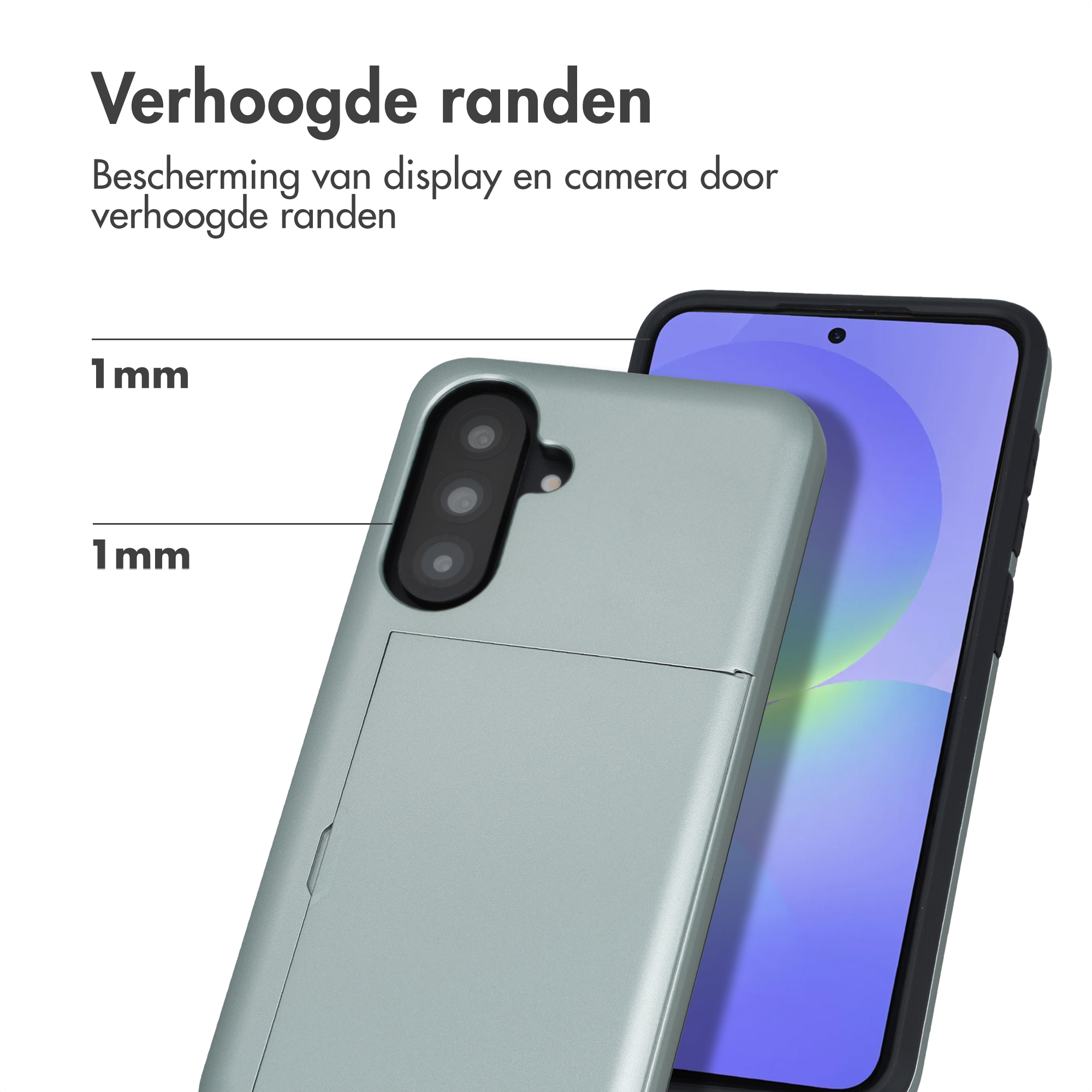 Een lichtgrijze telefoonhoes met verhoogde randen en camera.