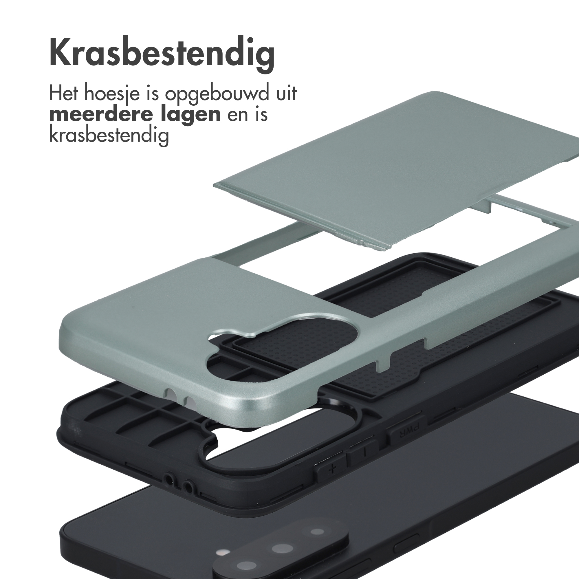 Gelaagd ontwerp van een robuuste telefoonhoes met zilveren frame en zwarte inzet.