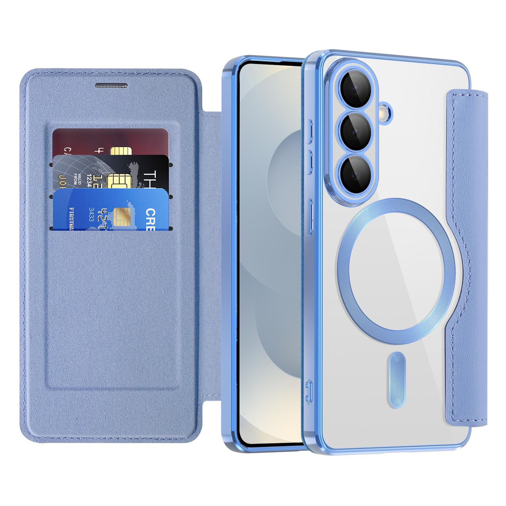 Ein blaues Handycover mit Kartenfächern und transparentem Rückenteil.