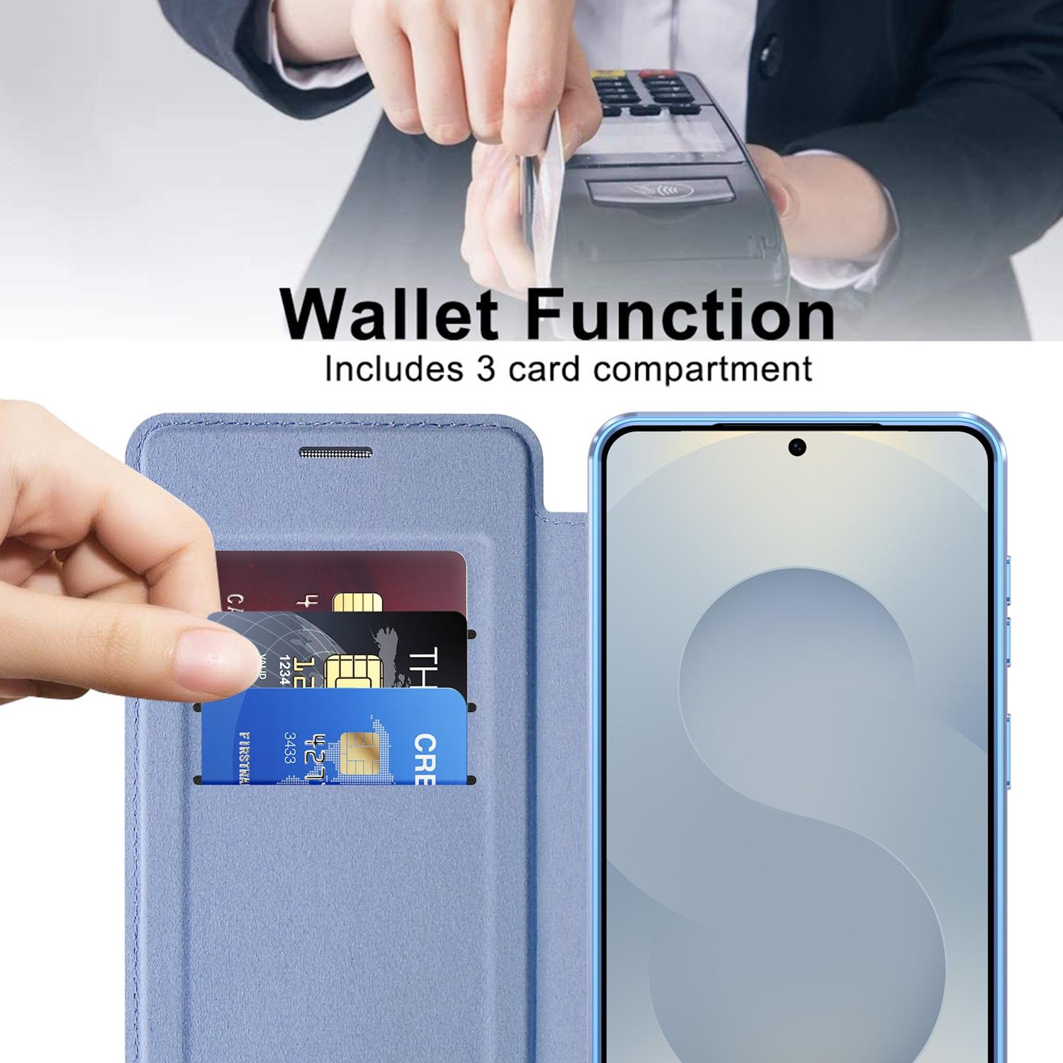 Eine Hand steckt eine Karte in ein blaues Portemonnaie mit drei Fächern.