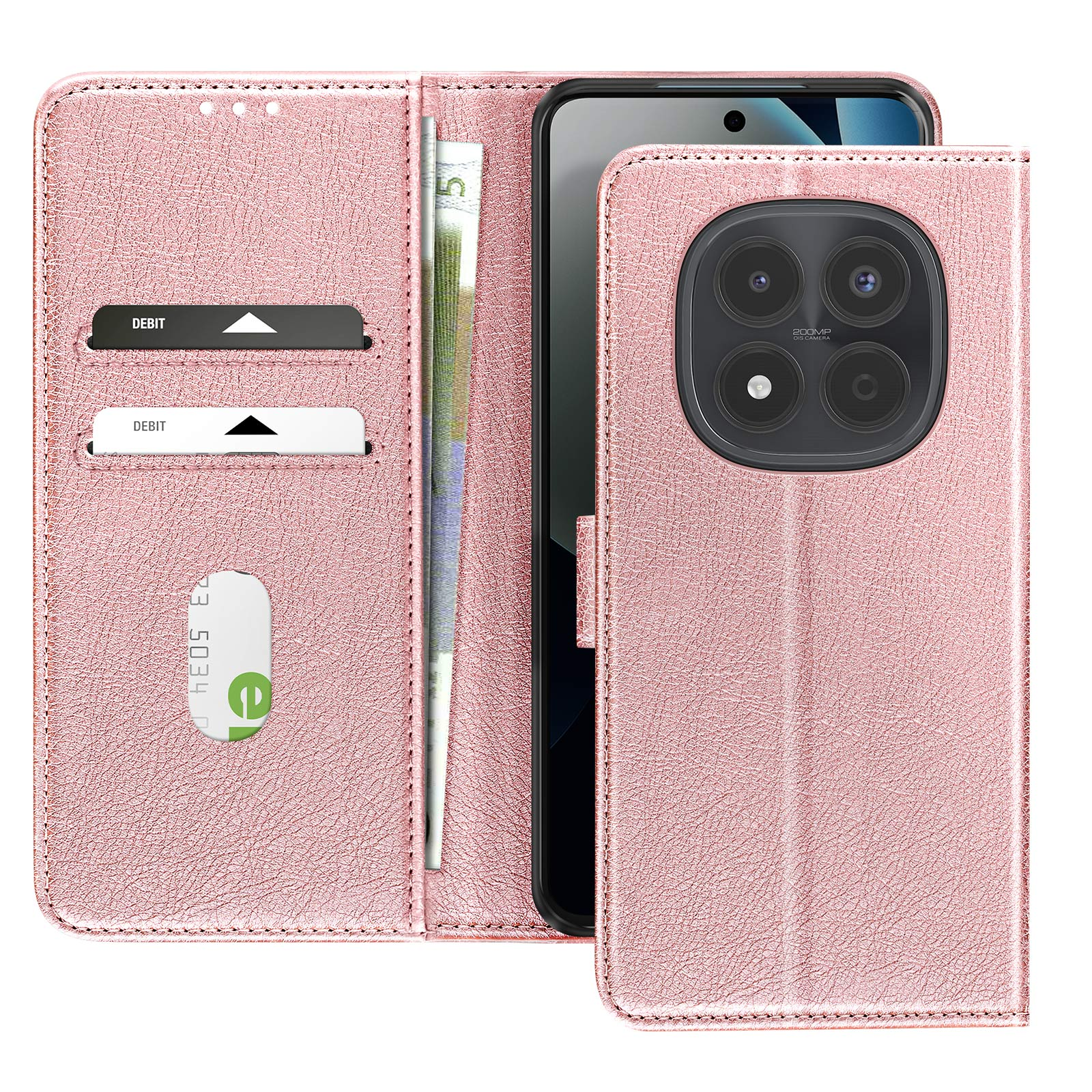 Custodia a libro rosa per telefono con slot per carte e banconote.
