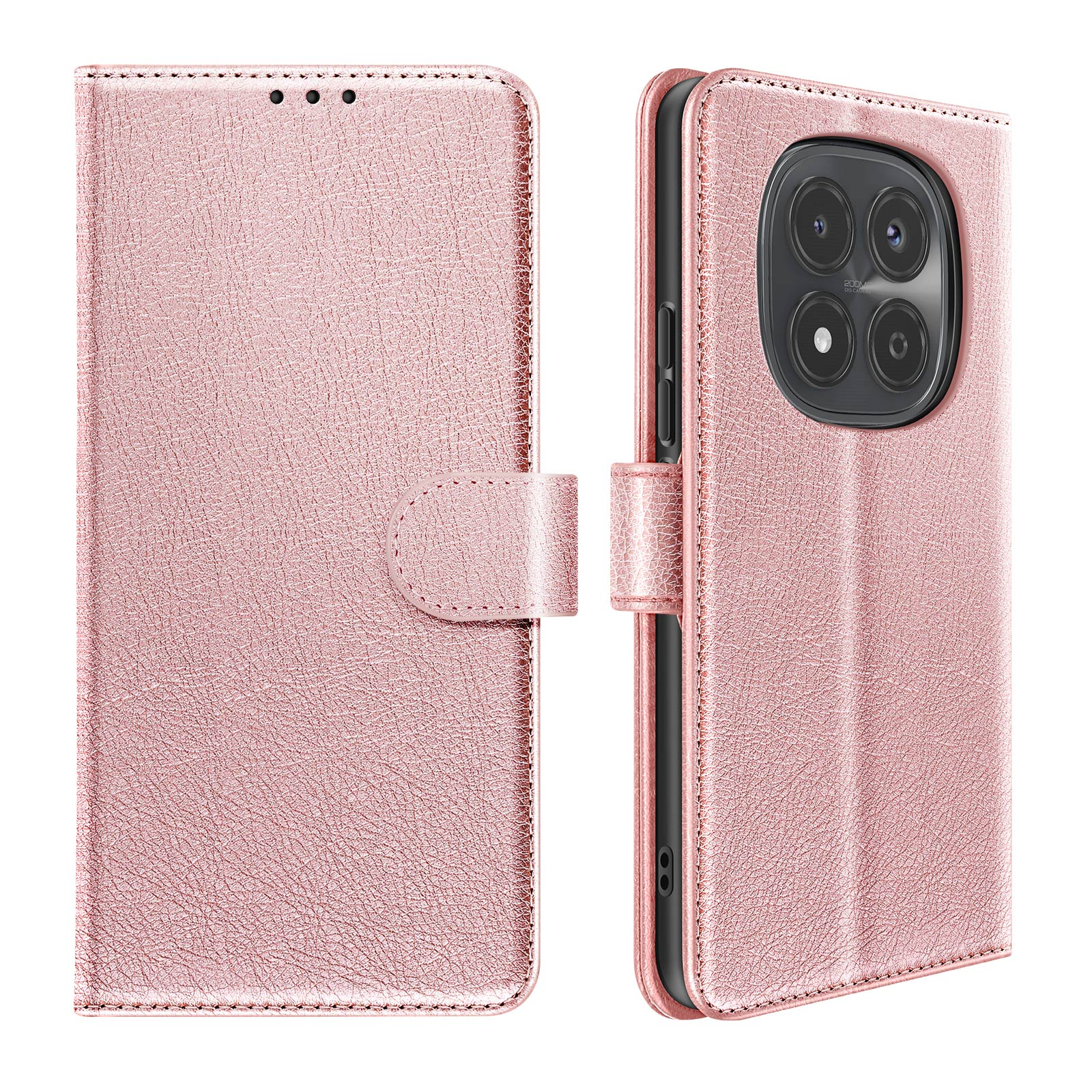 Una custodia a libro rosa oro che mostra il modulo fotocamera e tre fori per altoparlanti.