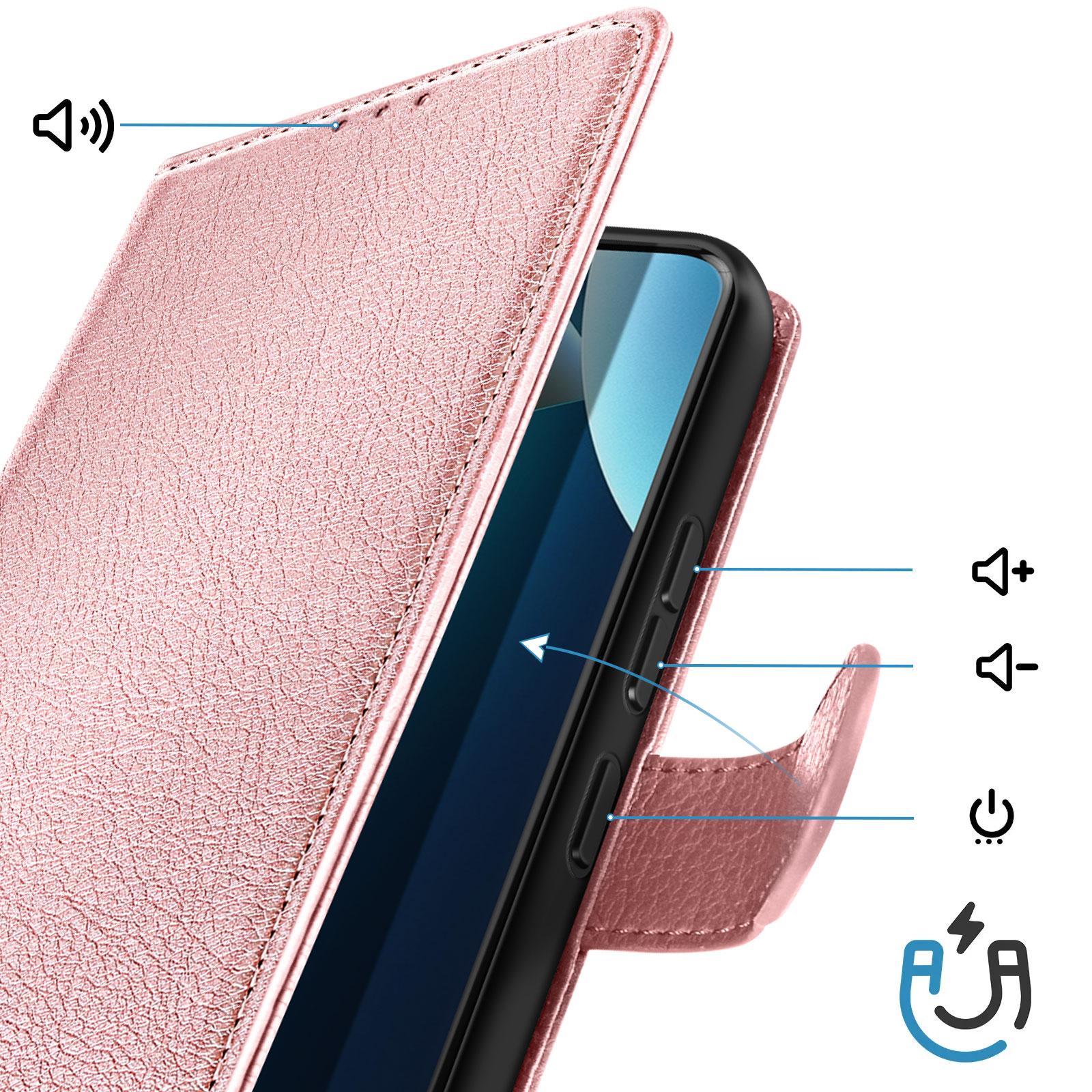 Una custodia per telefono color oro rosa che mostra i pulsanti del volume e la chiusura magnetica.