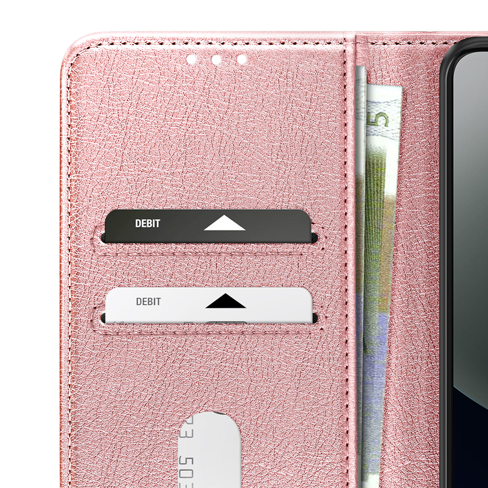 Custodia a portafoglio rosa con fessure per carte e banconote.