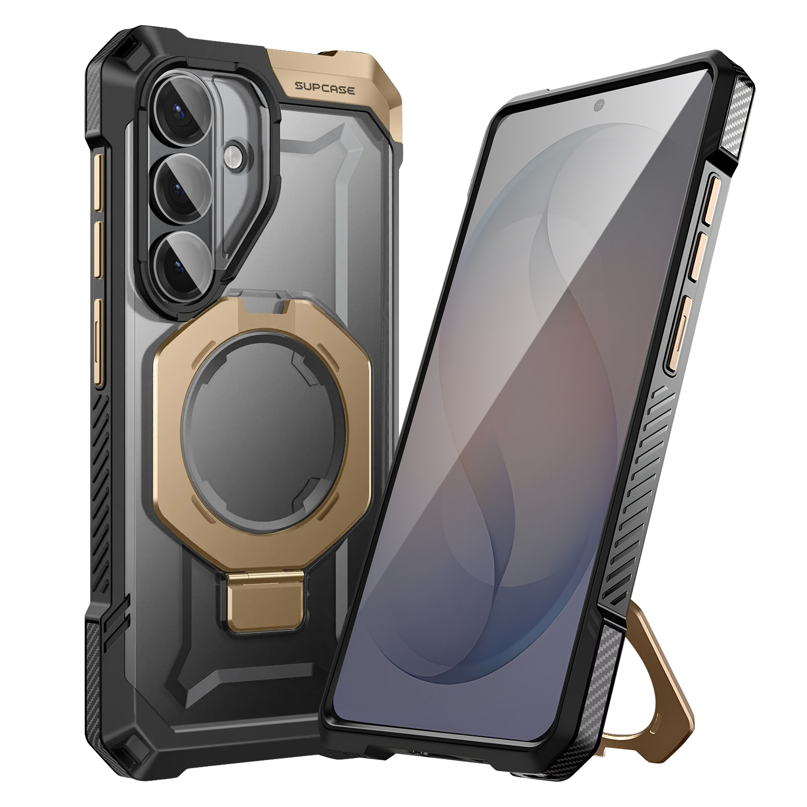 Custodia per telefono nera e oro con anello e cavalletto integrati.