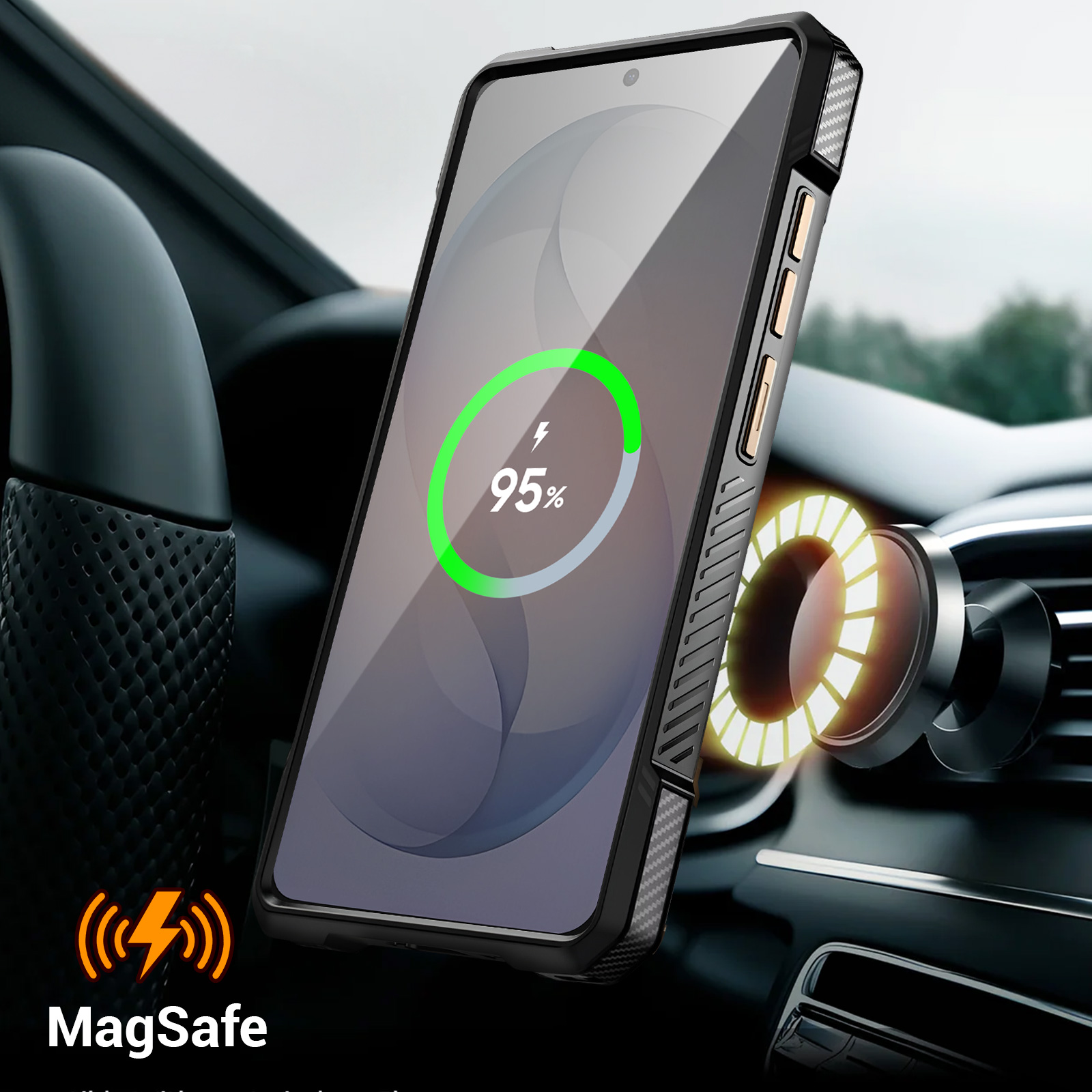 Smartphone con supporto auto MagSafe, in carica al 95%.