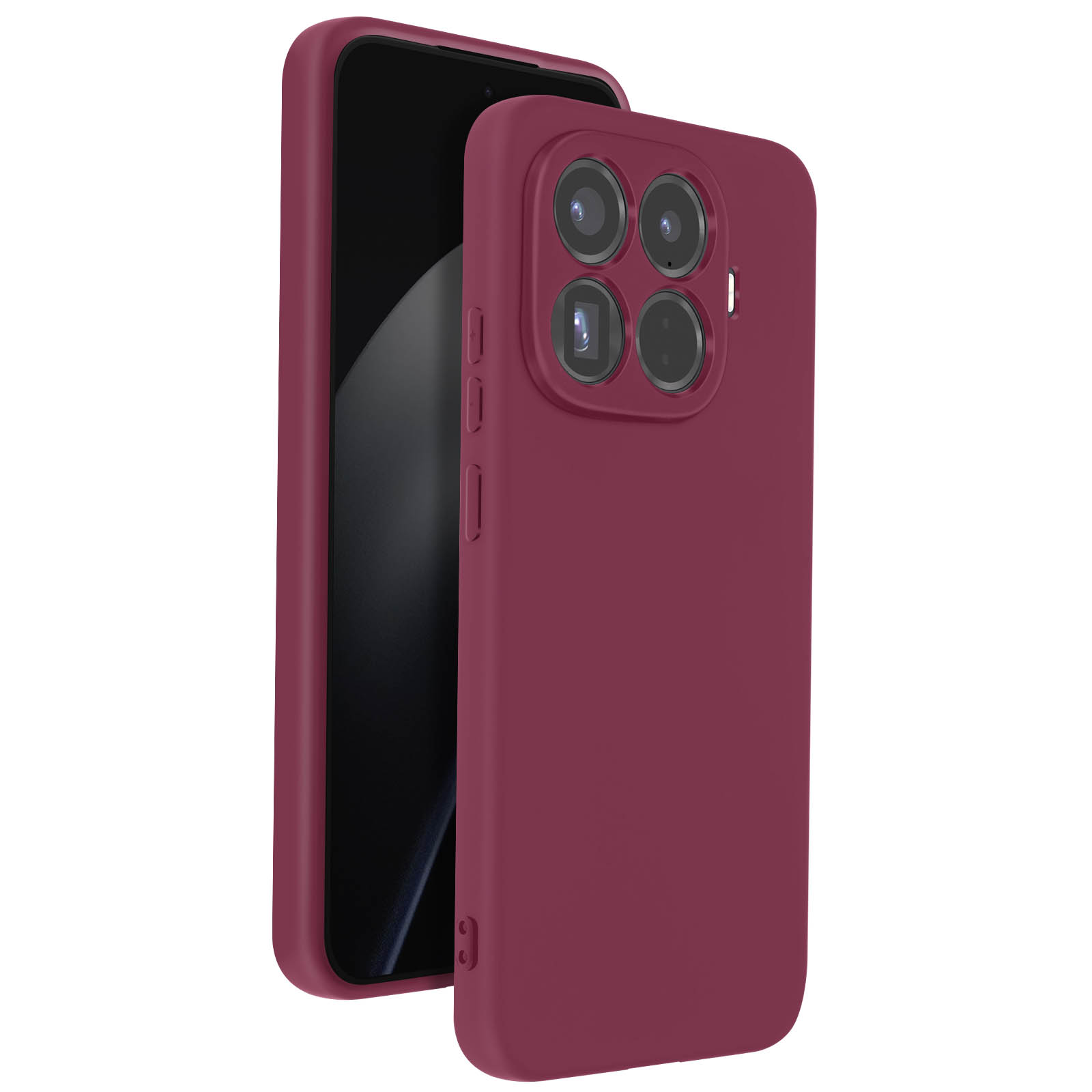 Ein dunkelrotes Handy mit vier Kameras und Hülle auf weißem Hintergrund.