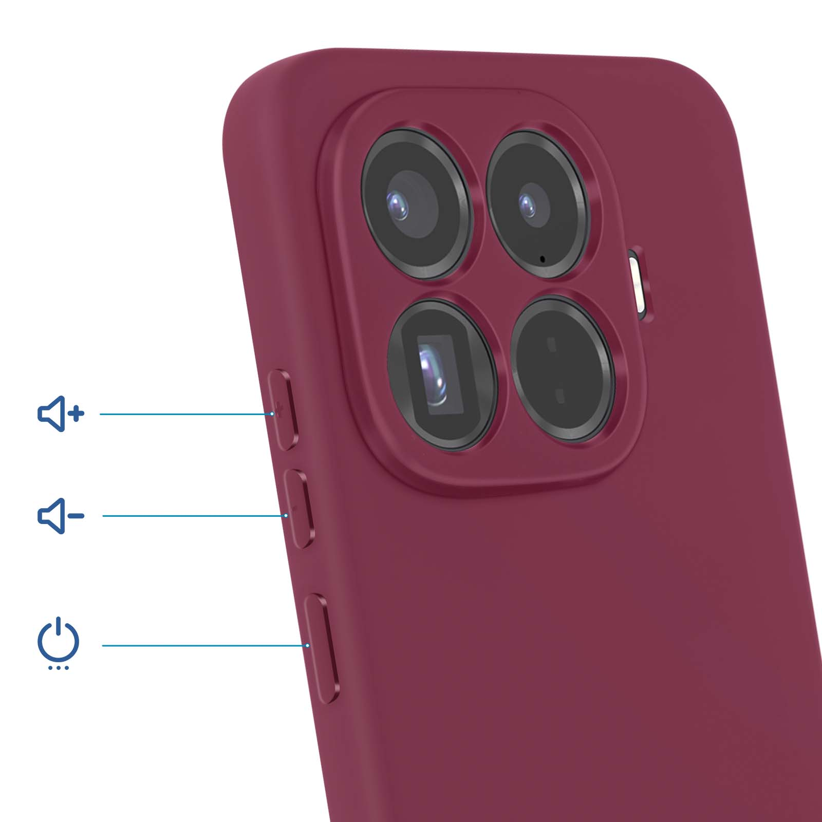 Rote Hülle mit vierfacher Kamera und Lautstärke-/Power-Tasten.