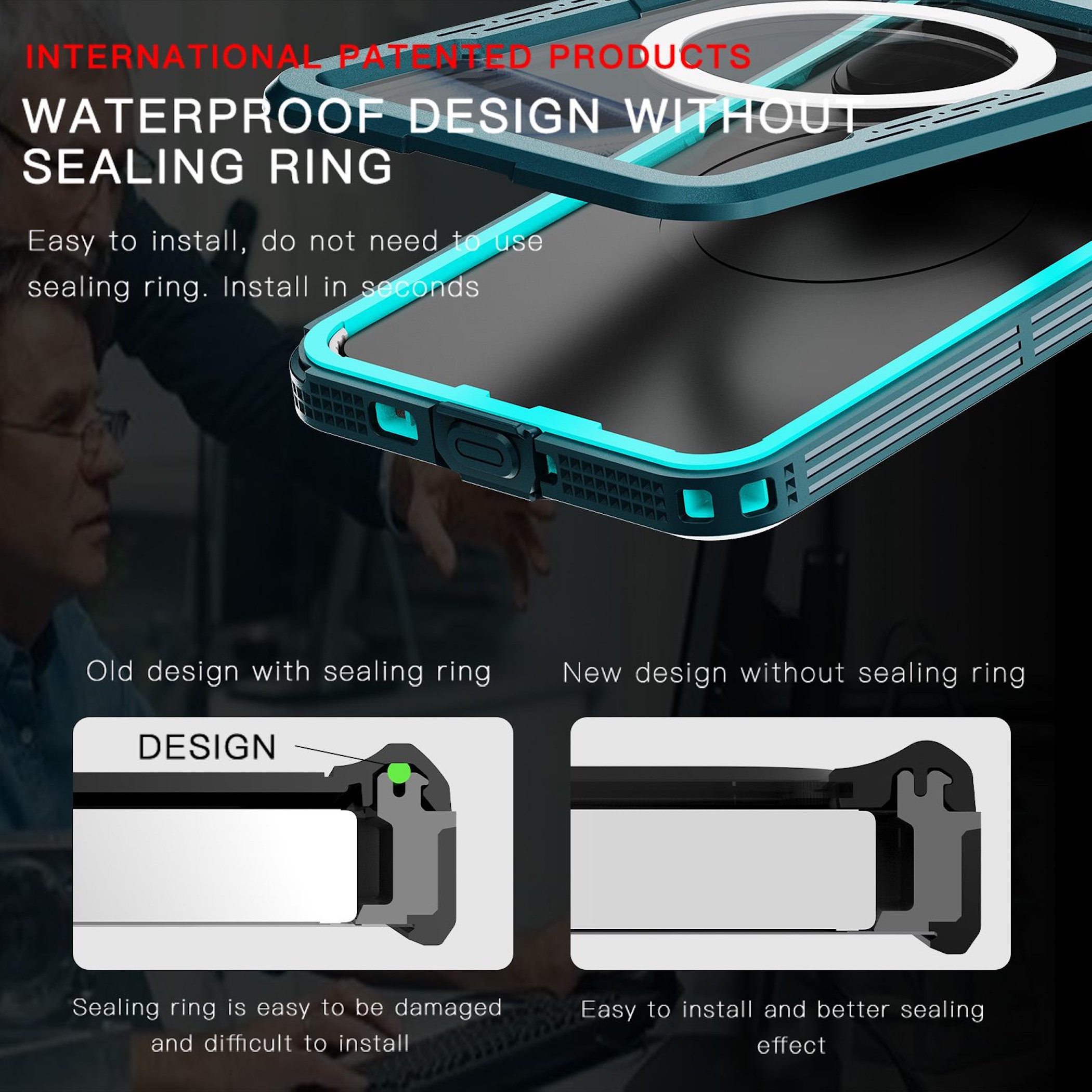 Wasserdichte Handyhülle: alter vs. neuer Entwurf ohne Dichtungsring.