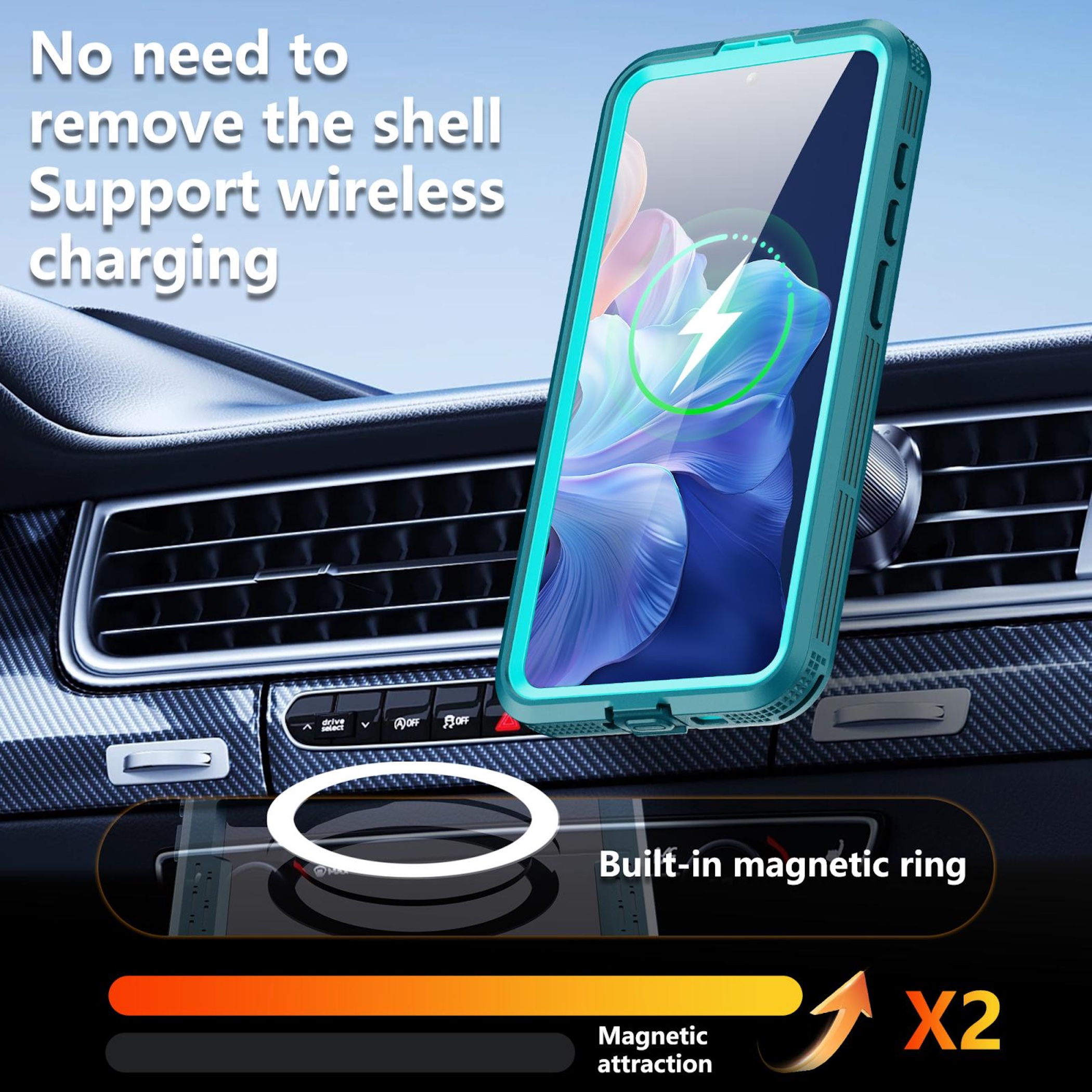 Ein Handy in türkisem Case lädt kabellos im Auto. Magnetring.