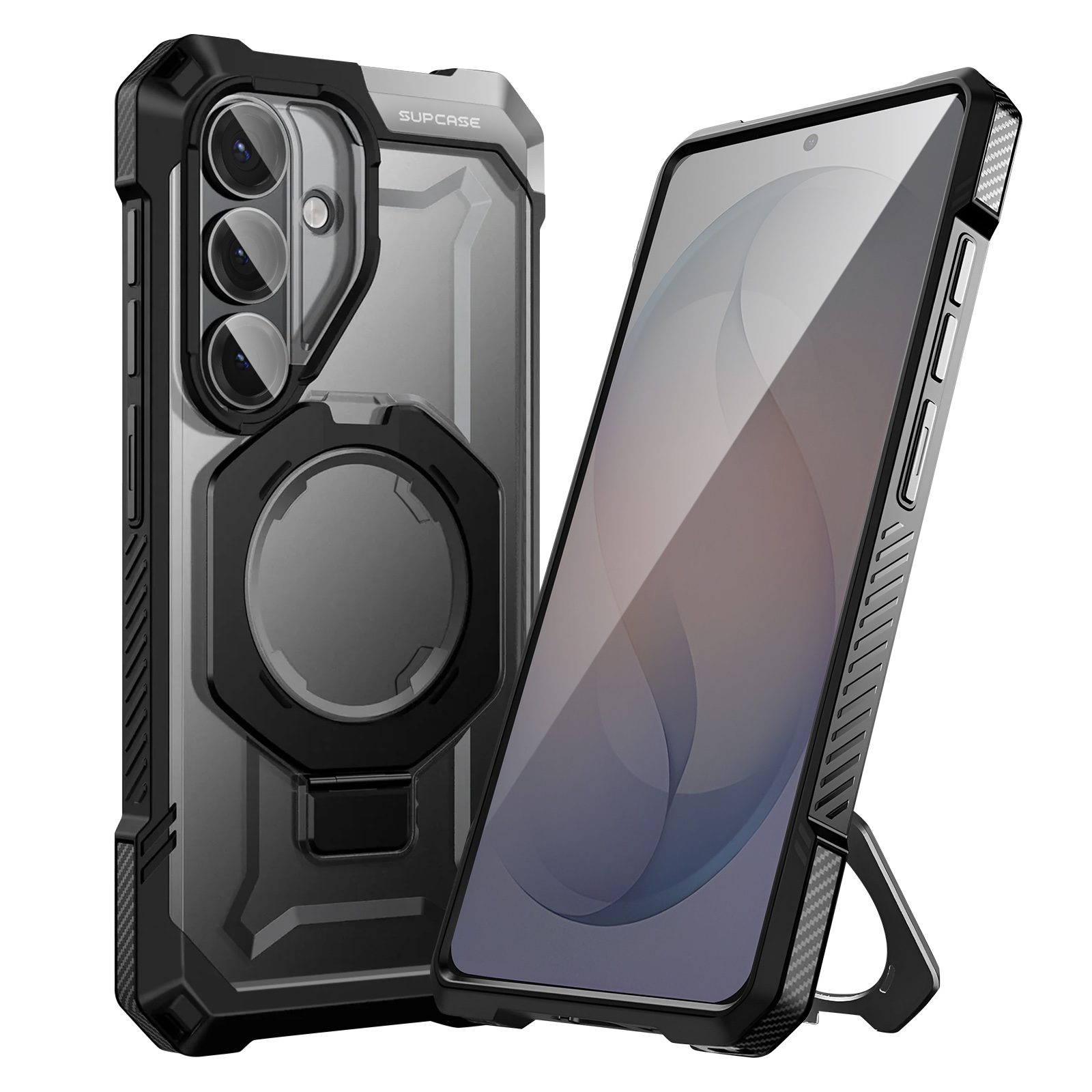 Custodia nera per telefono con supporto e anello, accanto a uno smartphone.