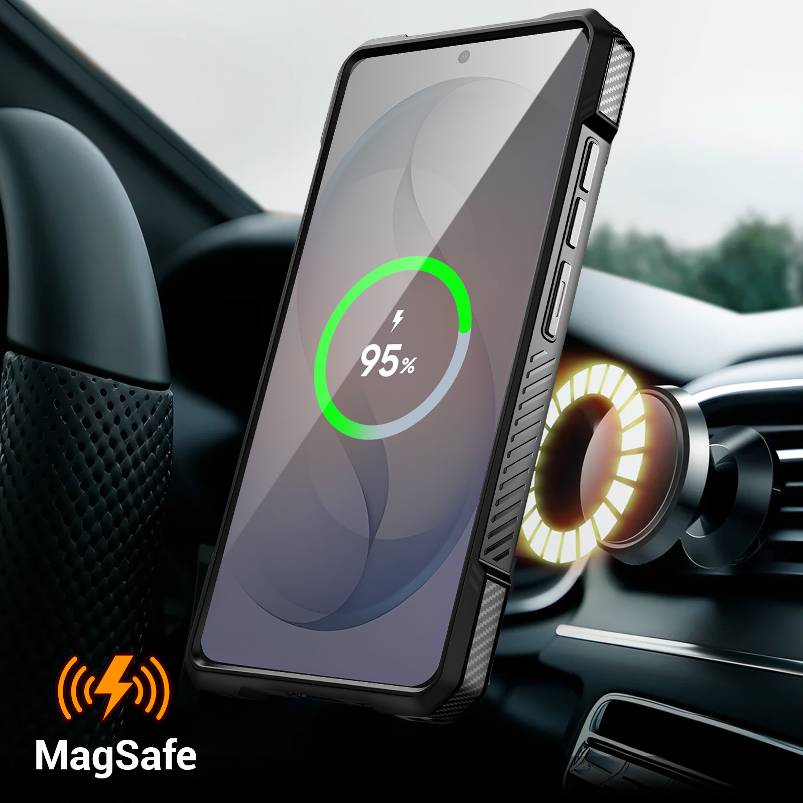 Uno smartphone al 95% di carica, fissato magneticamente a un supporto per auto.