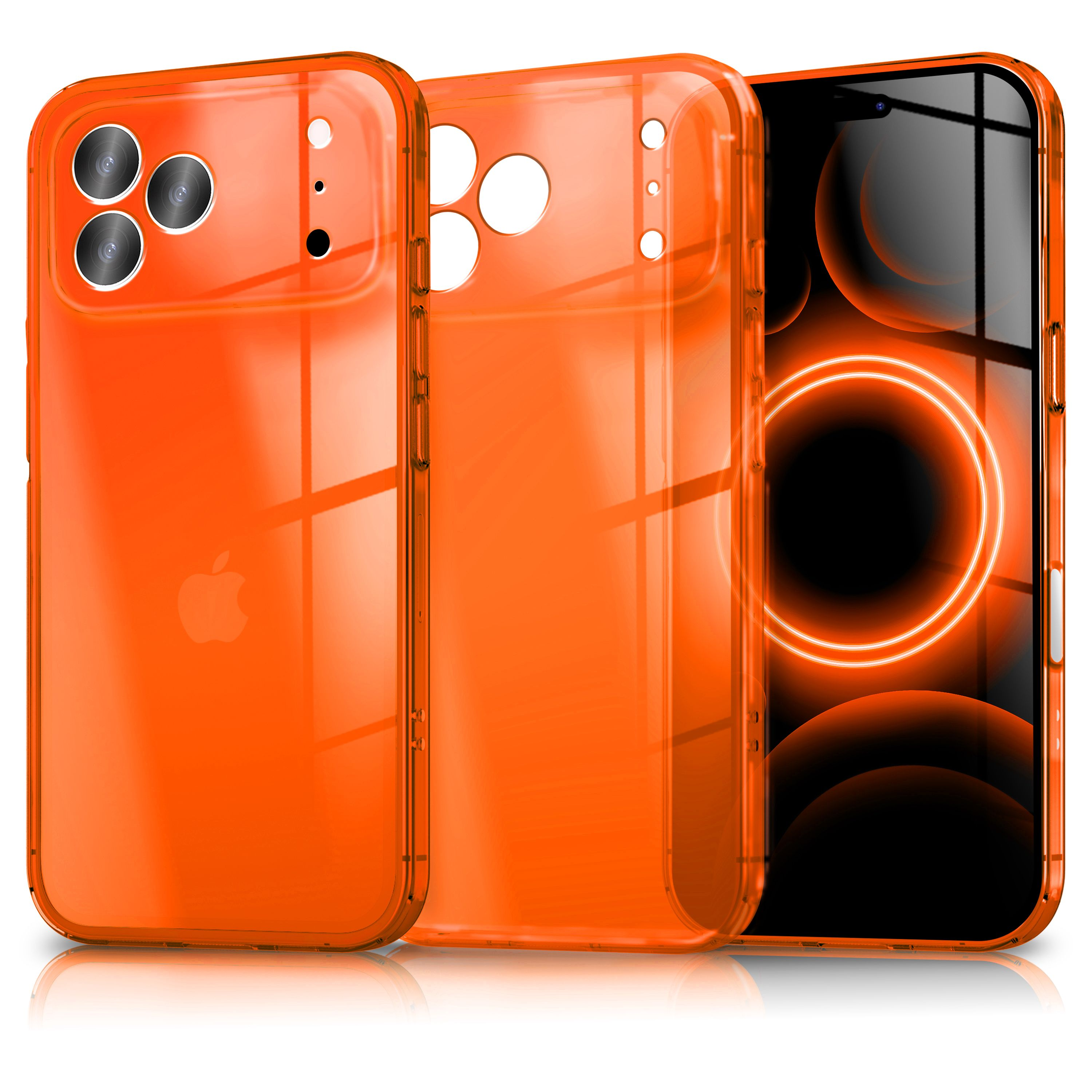 Orange-farbene Handyhüllen mit einer Kameraaussparung und einem Telefon.