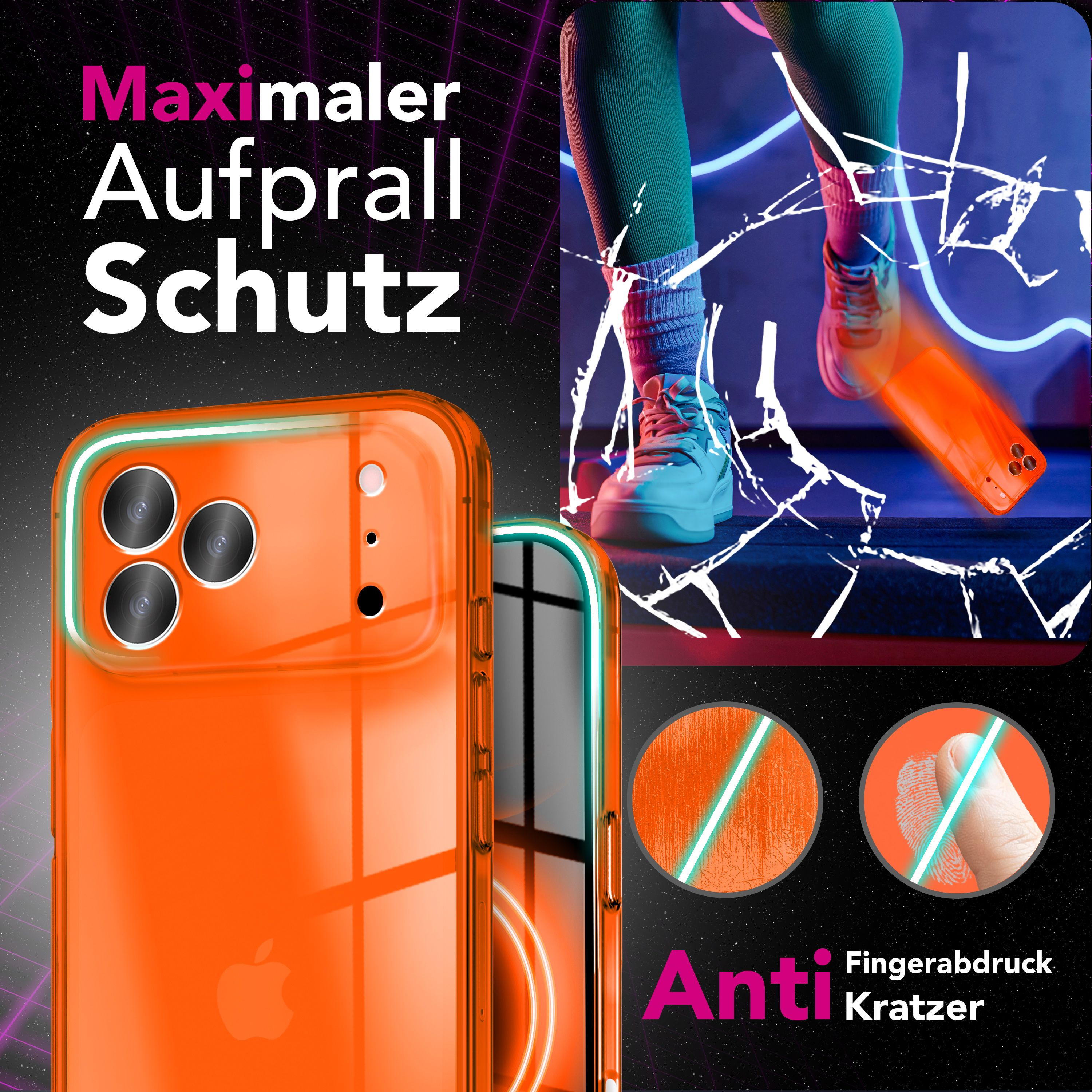 Orange Handyhülle mit Kameras. Person im Hintergrund mit Sneaker.
