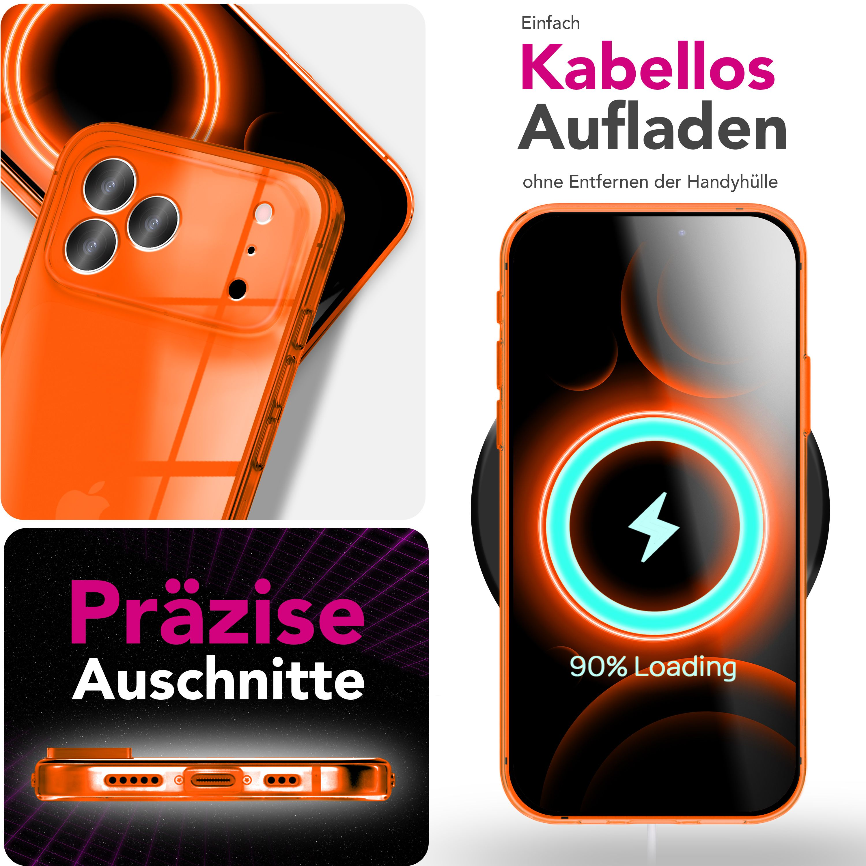 Orange Handyhülle lädt kabellos, 90% Ladezustand angezeigt.