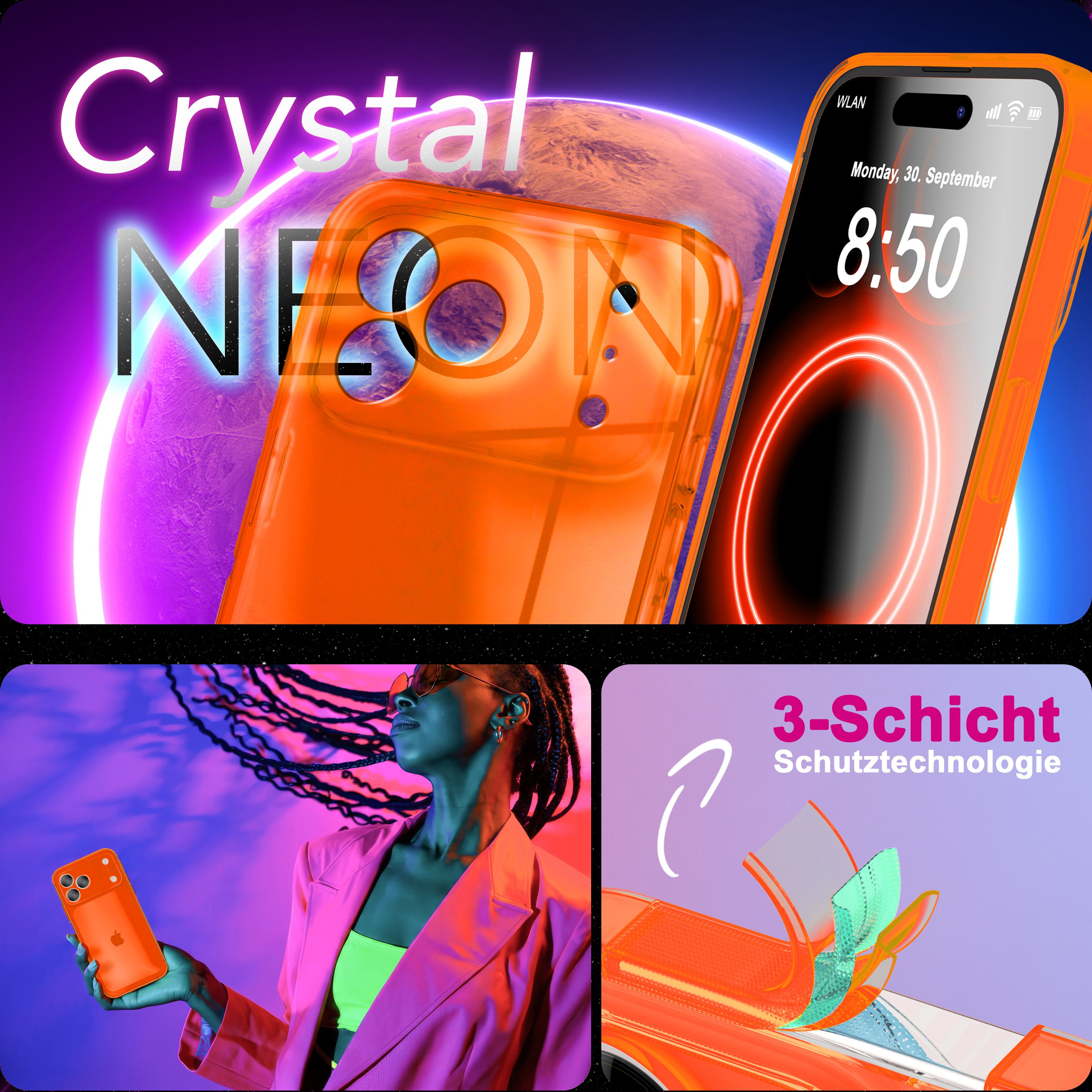 Orange Handyhülle mit Neon-Schriftzug vor einem Planeten und einem Handy.