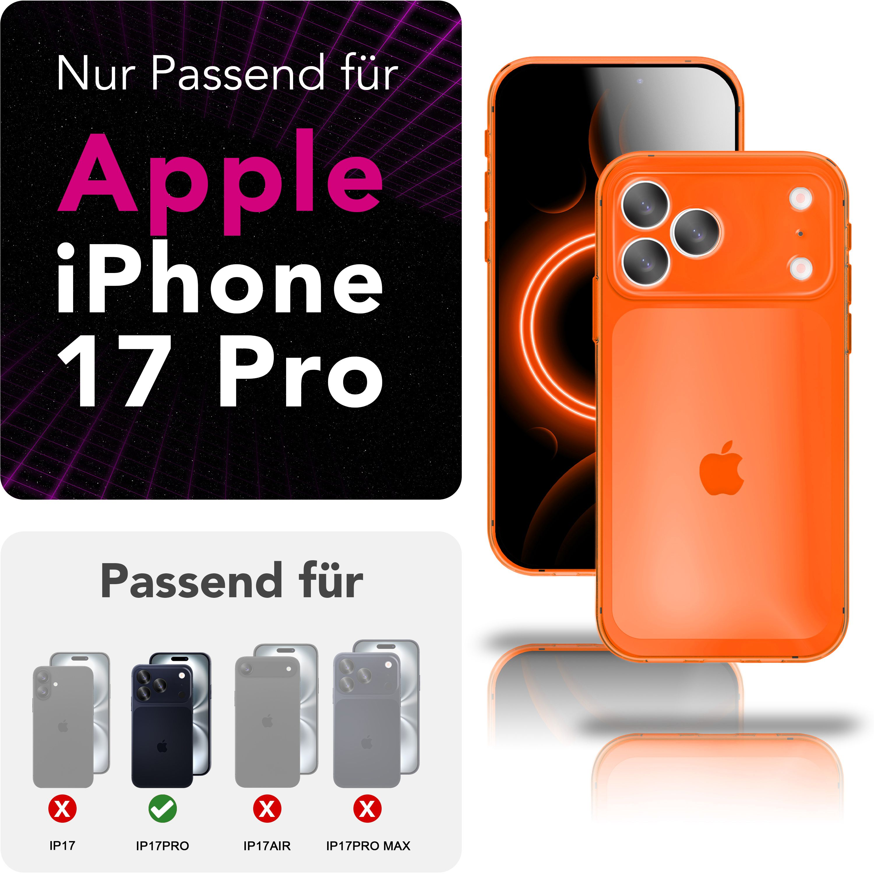 Orange Hülle für iPhone 17 Pro mit Kameramodul und Apple Logo.