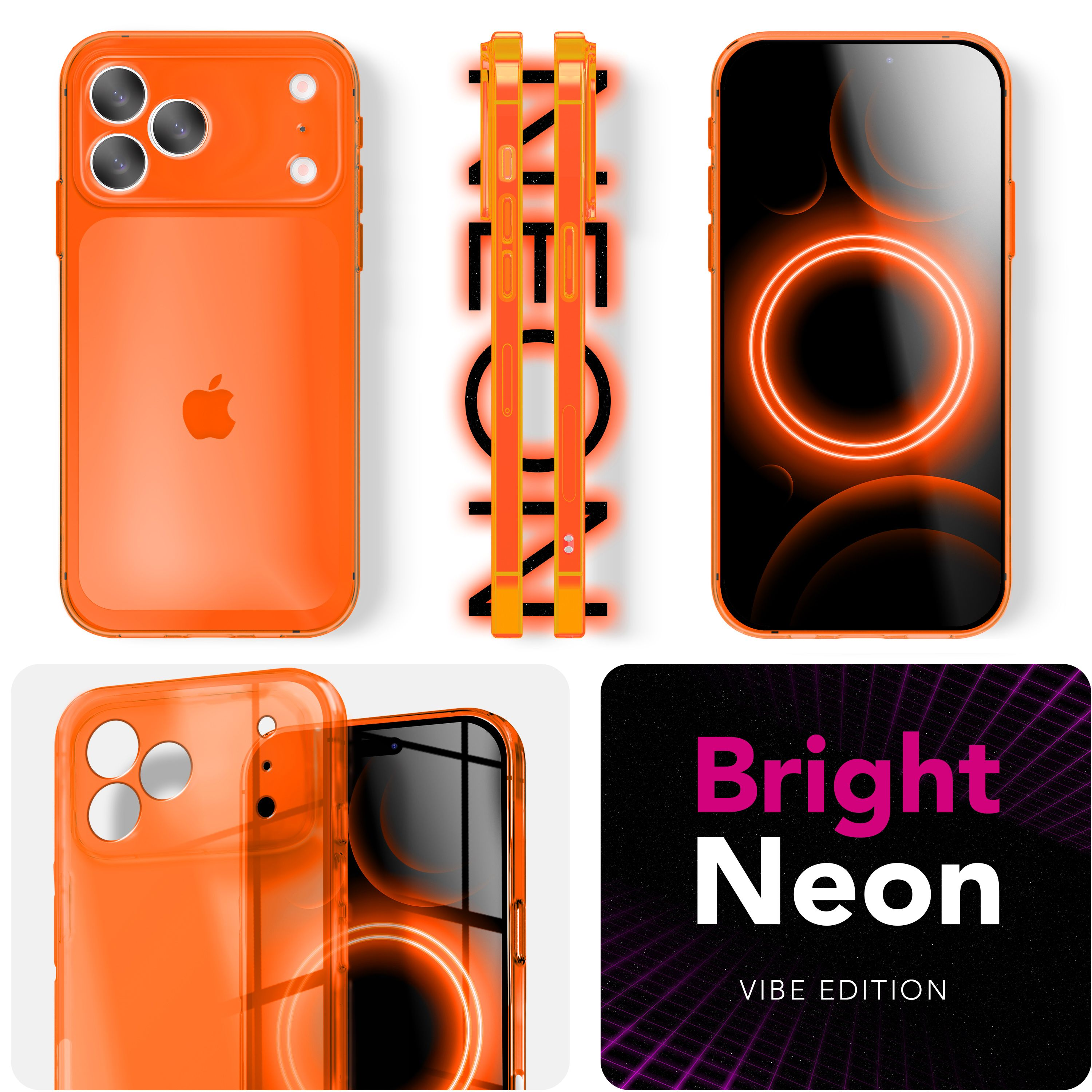 Orange iPhone-Hülle, Rückansicht, Kamera, Logo; Vorderansicht, Neonringe.