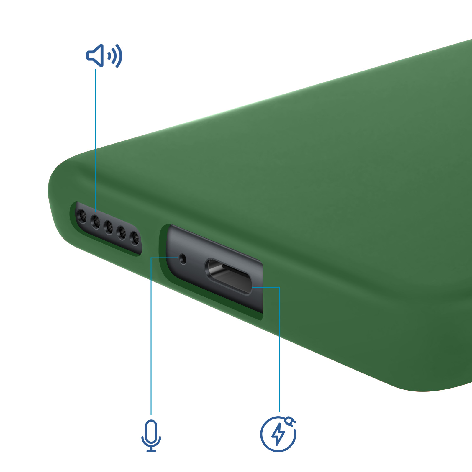 Custodia verde per telefono che mostra le aperture di altoparlante, microfono e ricarica.