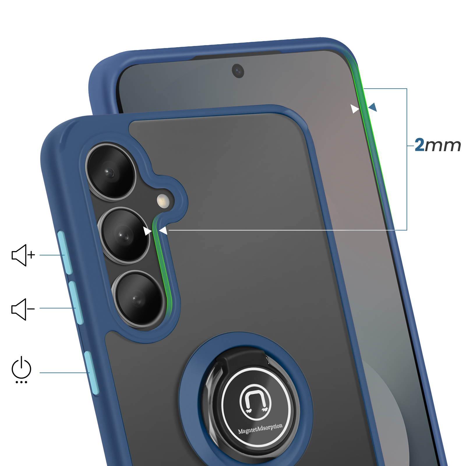 Custodia blu per telefono con retro trasparente, fotocamere e anello.