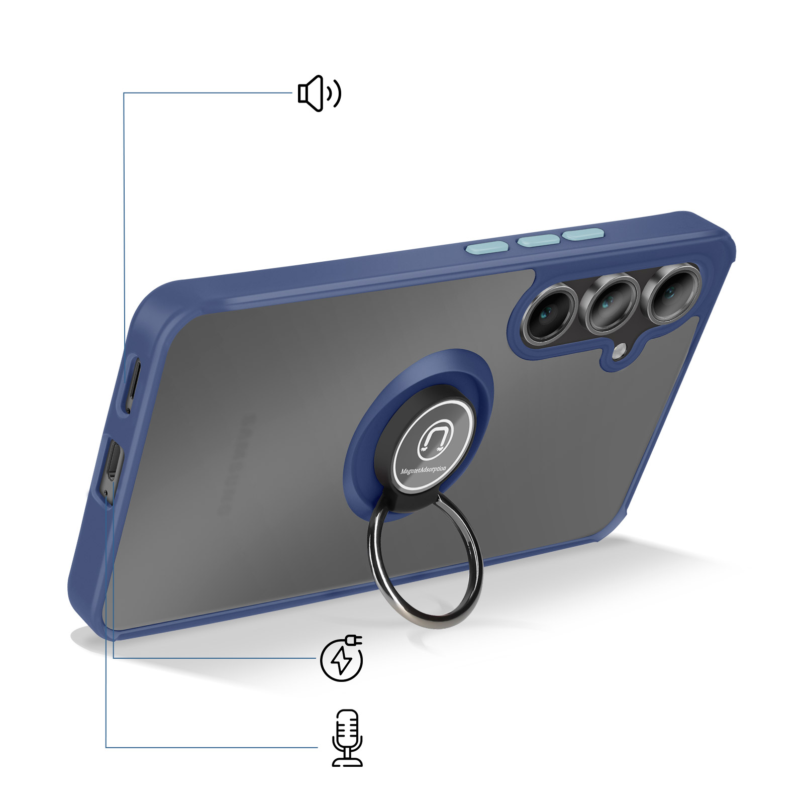 Custodia blu per telefono con anello, icona di ricarica e microfono.