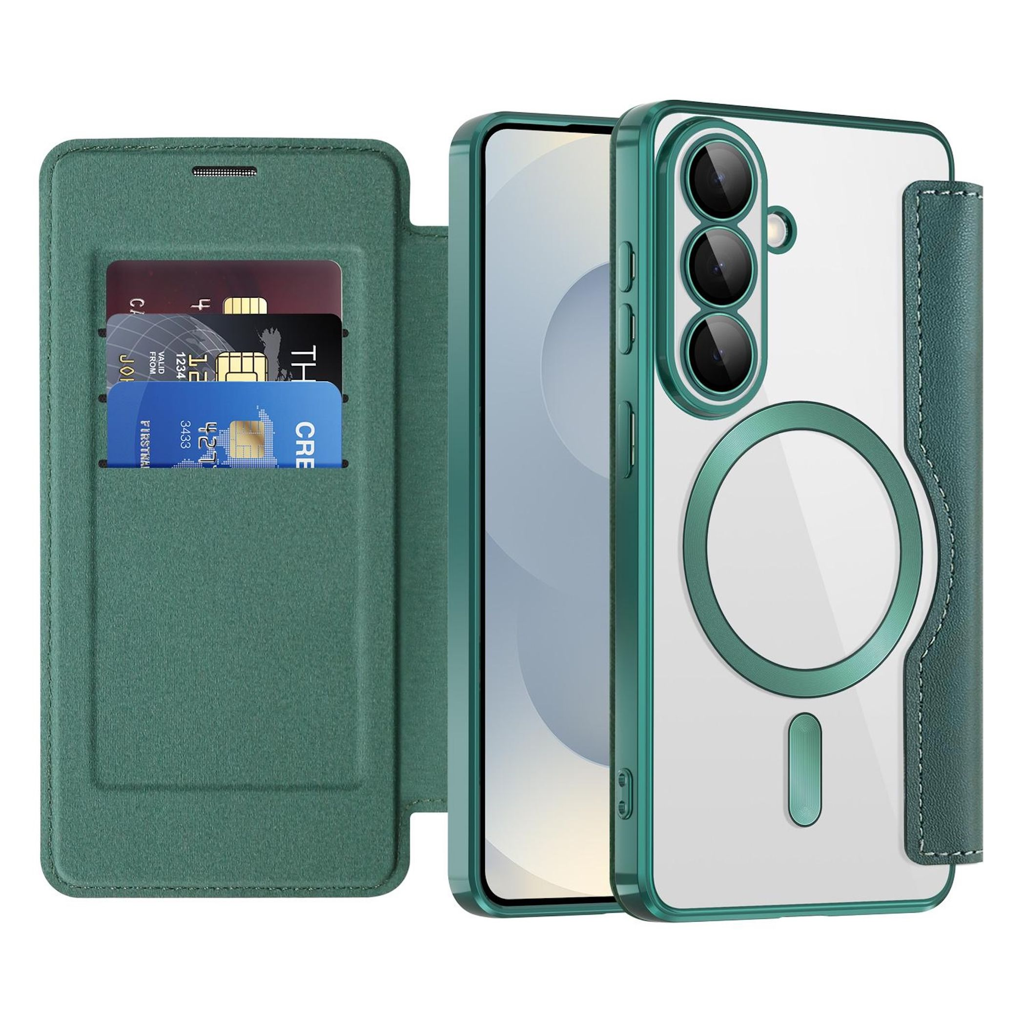 Una funda verde para teléfono con ranuras para tarjetas y parte trasera transparente.