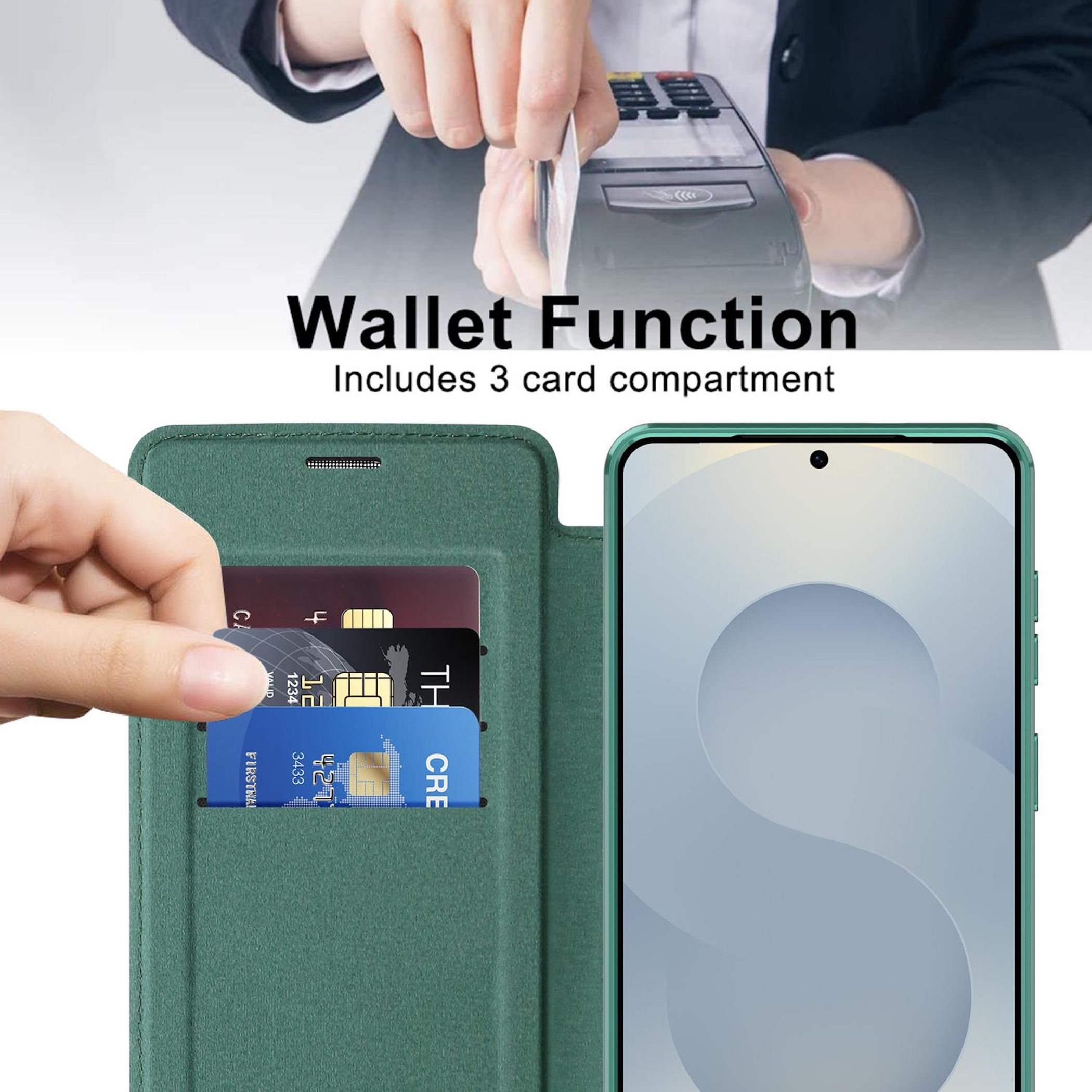 Persona inserta tarjeta en billetera de 3 ranuras junto a un teléfono.