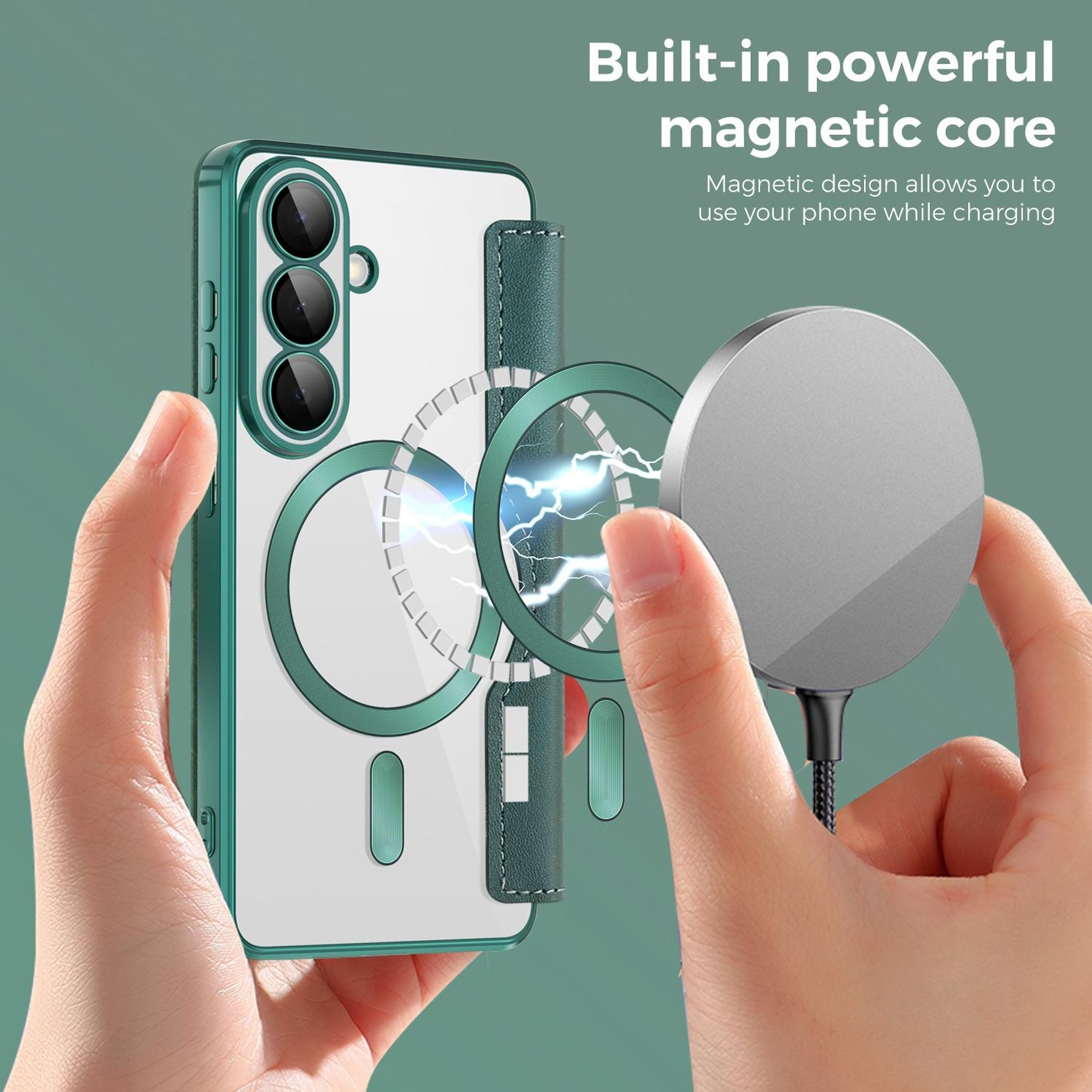 Funda de teléfono verde con carga magnética, sostenida por manos.