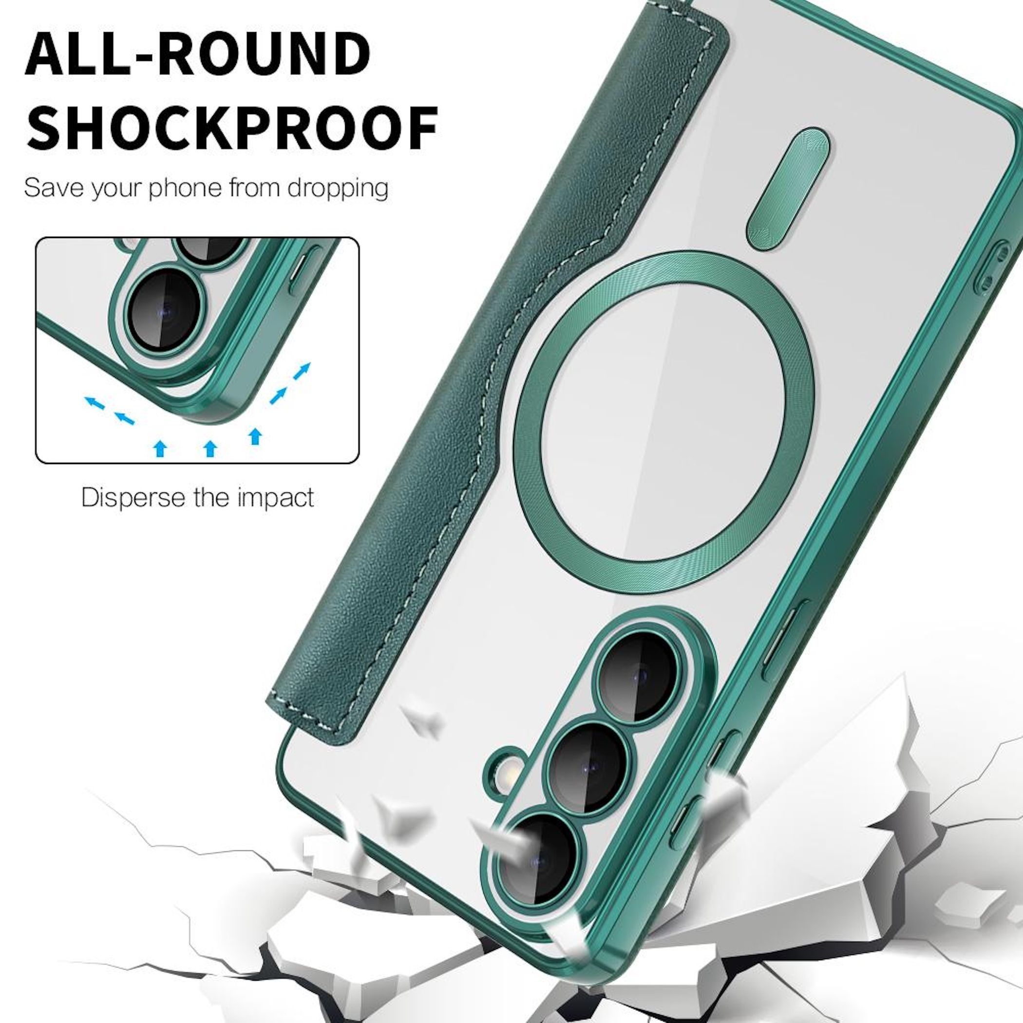 Funda de teléfono verde con recorte de cámara cayendo sobre suelo agrietado.