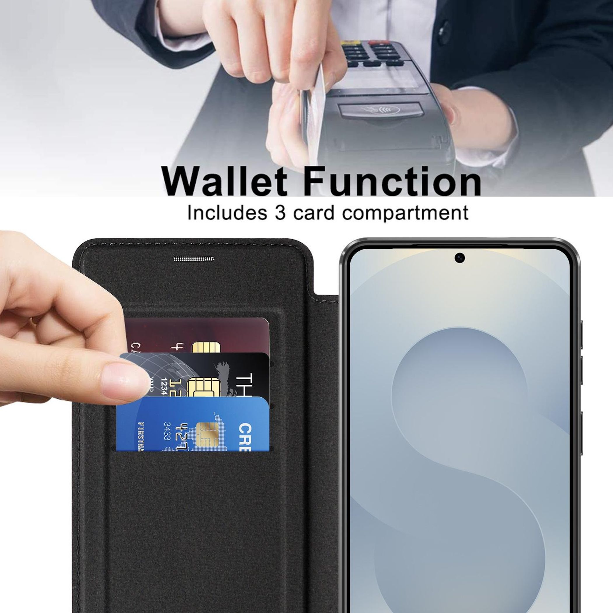 Una mano inserta una tarjeta de crédito en una billetera de tres ranuras junto a un smartphone.