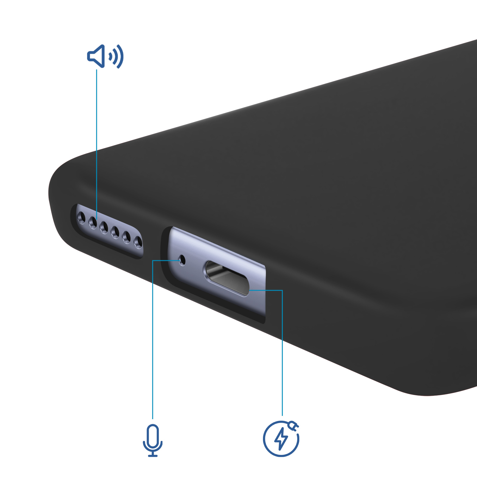 Custodia nera per telefono con porte. Icone di altoparlante, microfono e ricarica.