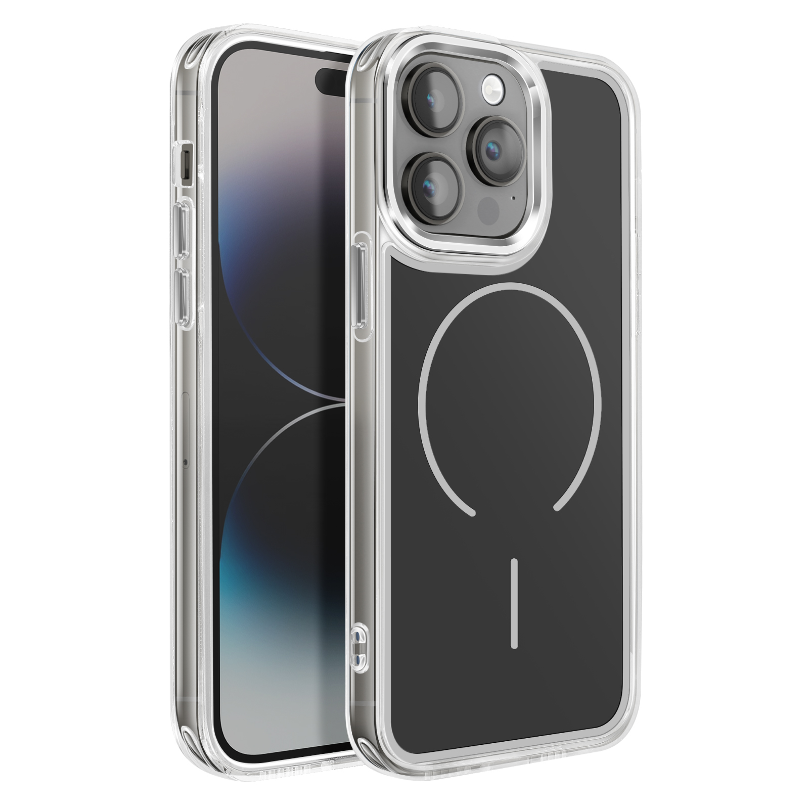 Une coque de téléphone transparente avec insert noir et trois caméras.