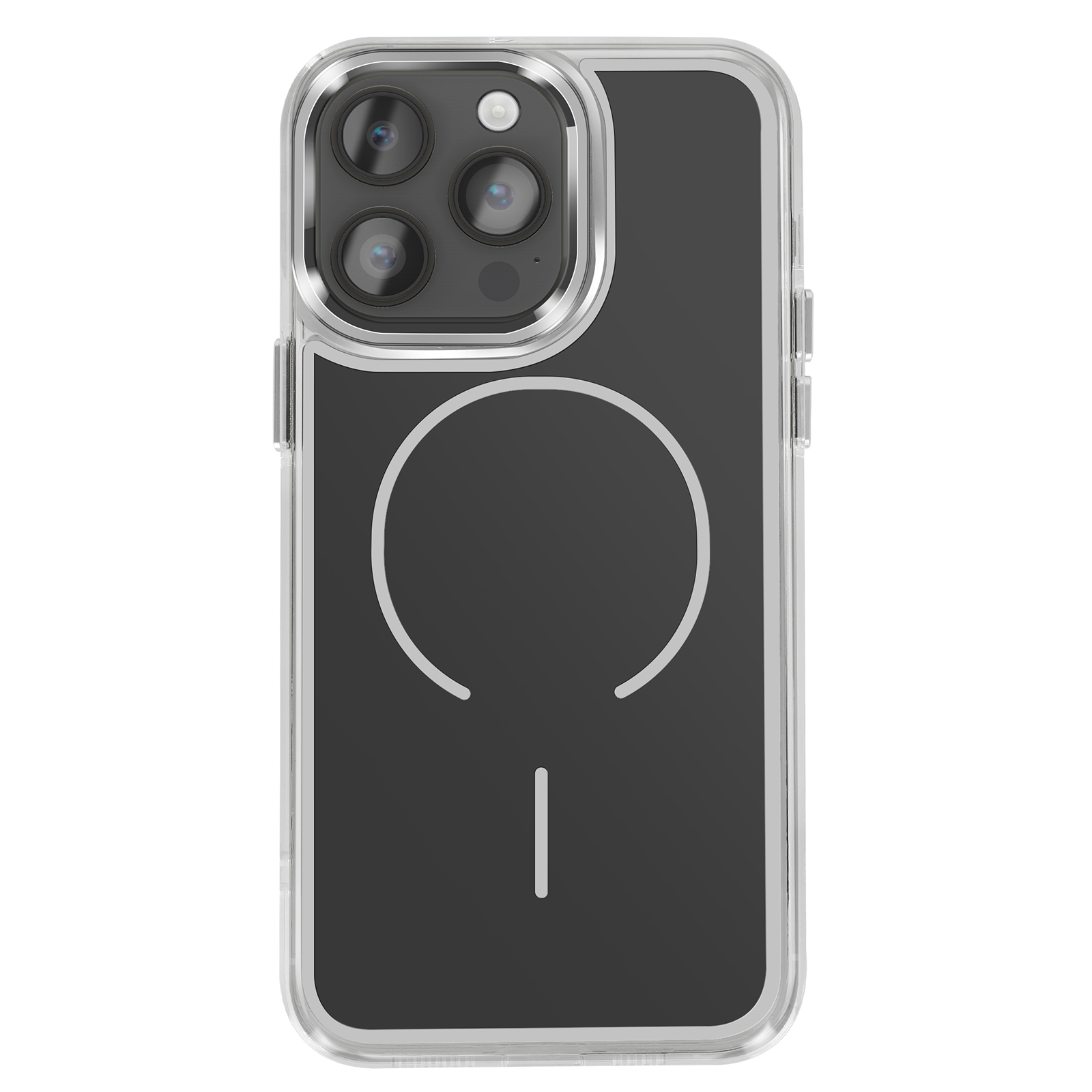 Coque transparente avec dos noir, triple appareil photo et anneau magnétique.