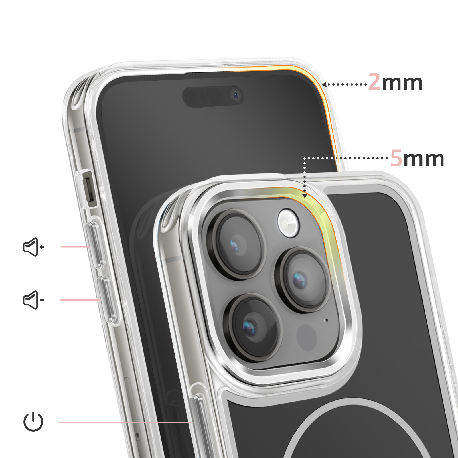 Coque transparente avec marquages 2mm et 5mm, boutons volume et alimentation.