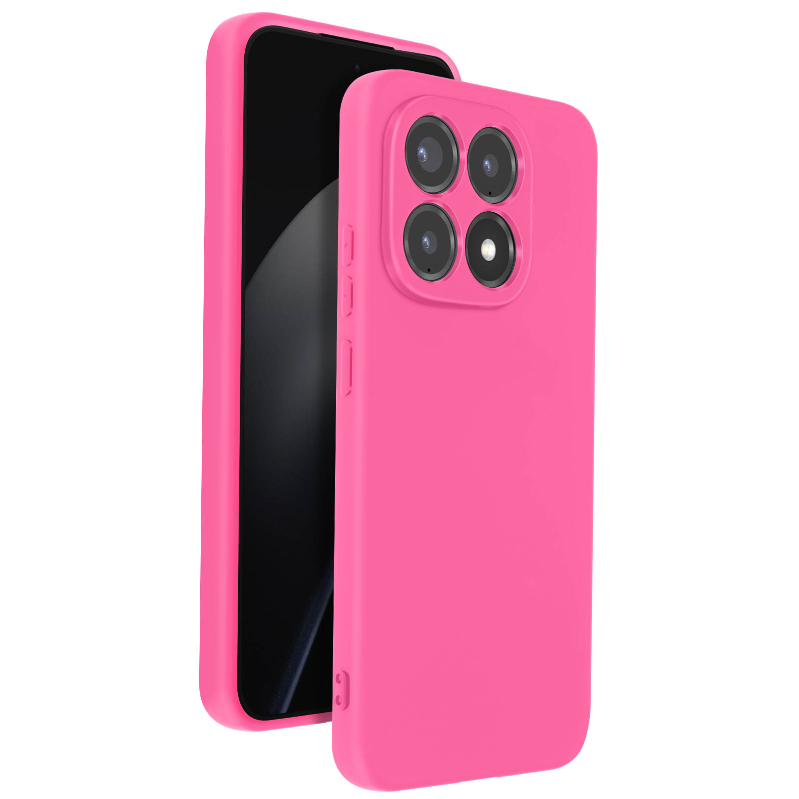 Een roze telefoonhoes met vier camera's en een zwart scherm.