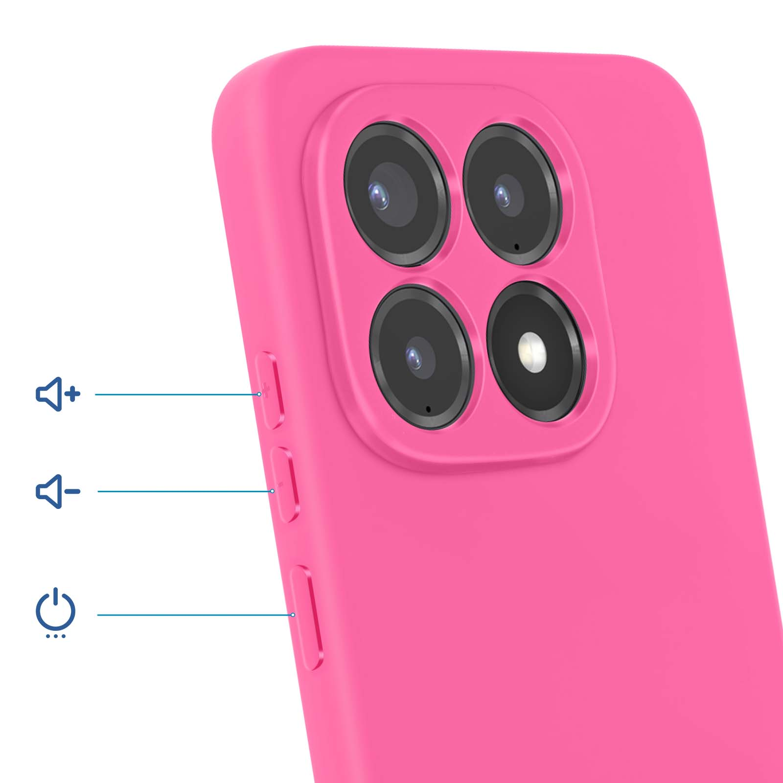 Een roze telefoonhoes met vier camera's en volumeknoppen.